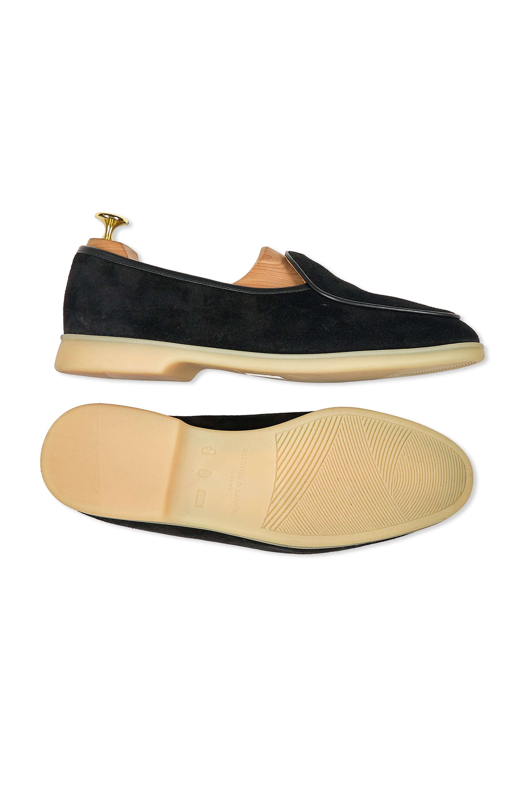 Baudoin & Lange Black Sagan Calf Suede Stride Plain with Natural Rubber Sole Loafers