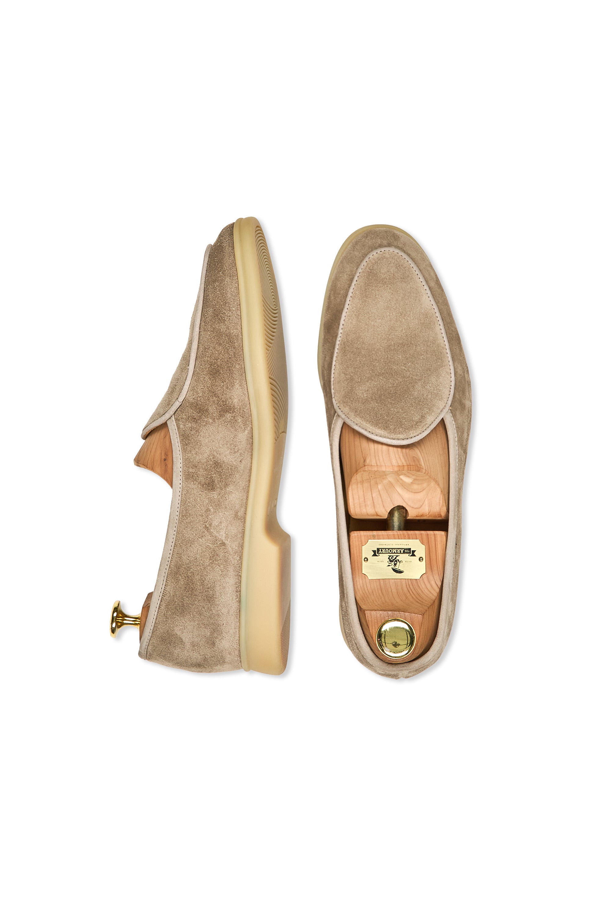 Baudoin & Lange Greige Sagan Calf Suede Stride Plain with Natural Rubber Sole Loafers