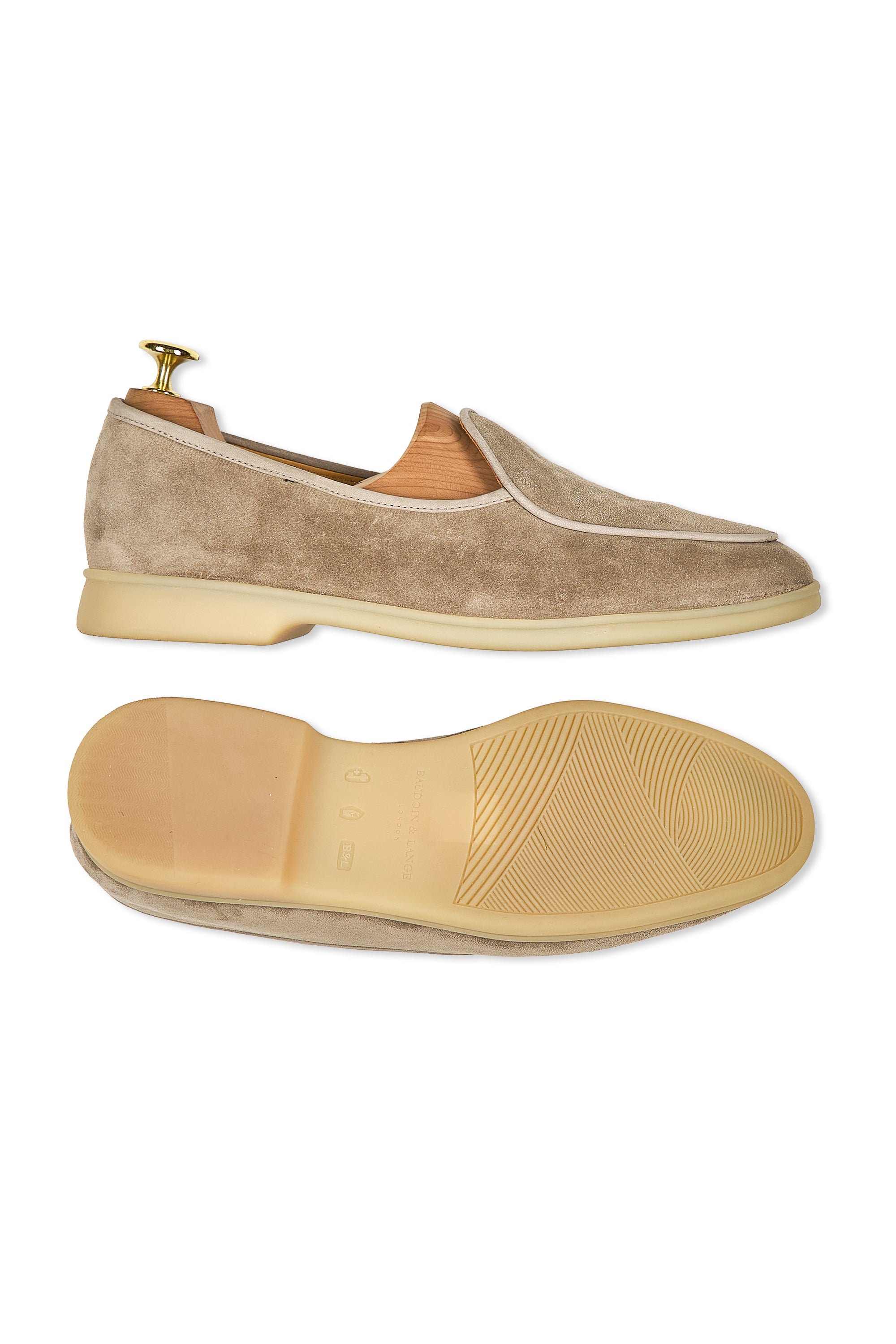 Baudoin & Lange Greige Sagan Calf Suede Stride Plain with Natural Rubber Sole Loafers