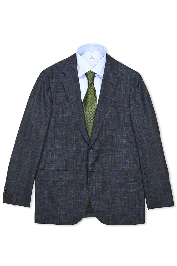 Sartorio Napoli Navy with Brown Check Wool/Silk/Linen Sport