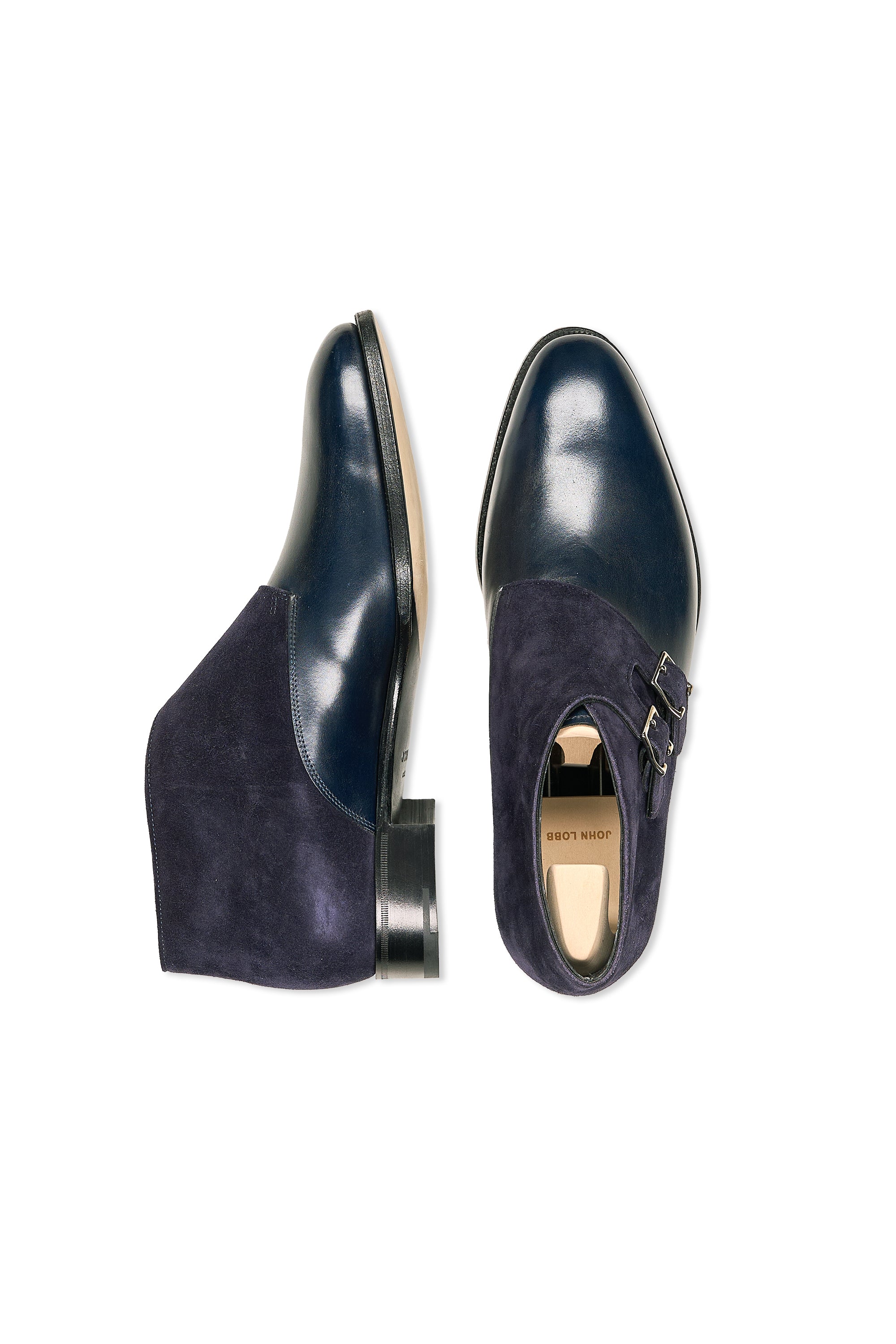 John Lobb Navy Calf with Indigo Suede Double Monk Boots