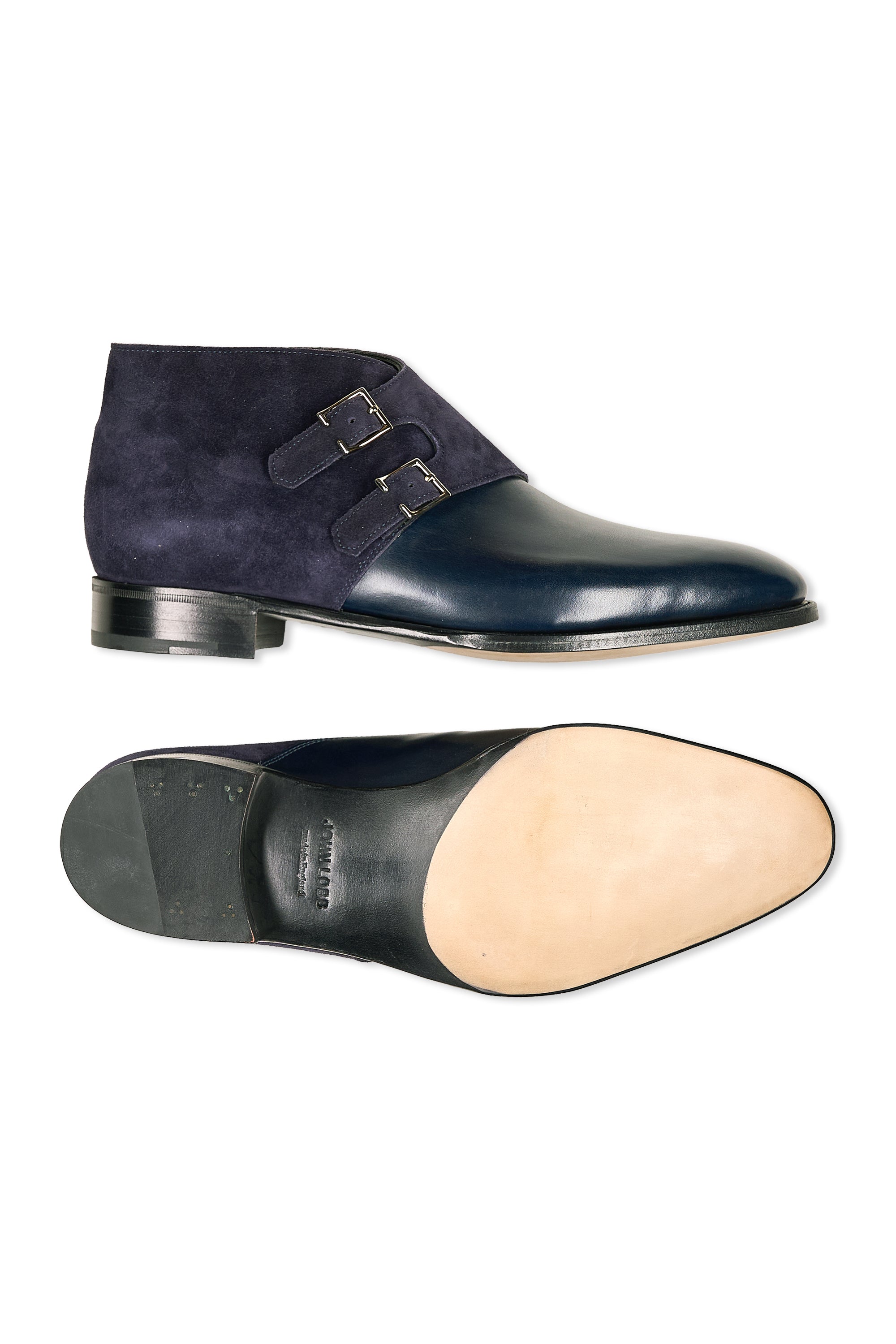 John Lobb Navy Calf with Indigo Suede Double Monk Boots