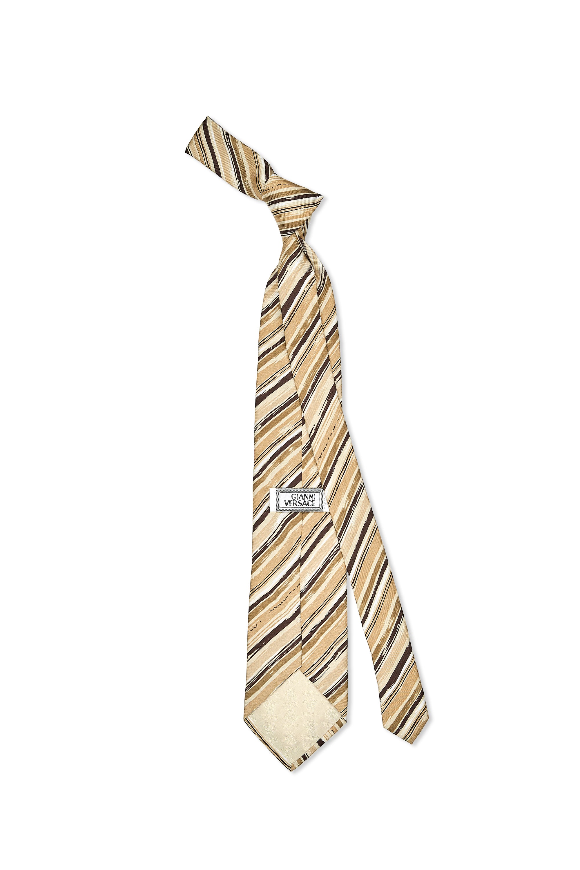 Gianni Versace Beige/Gold/Brown Stripe Pattern Silk Tie