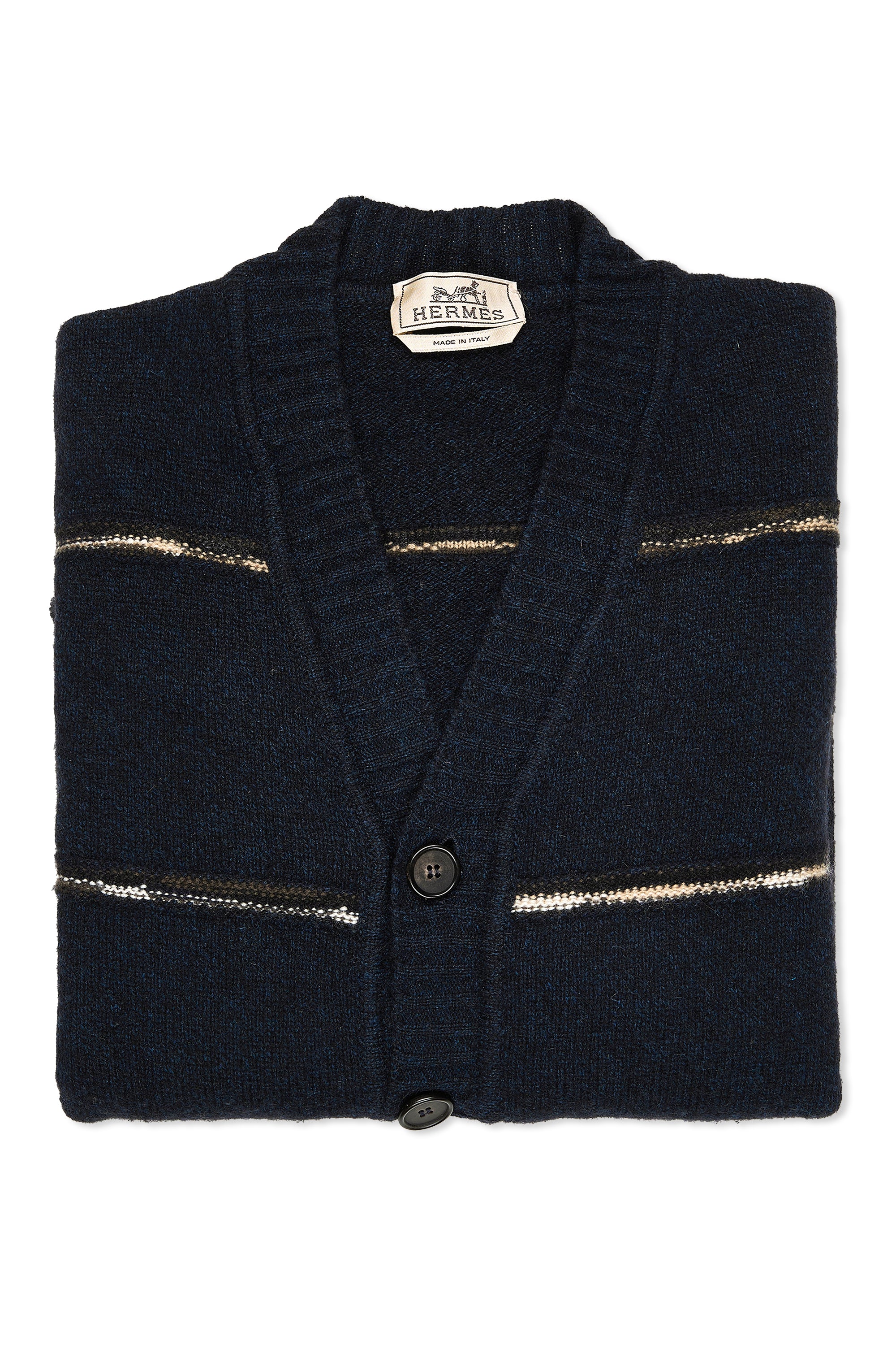 Hermes Navy with Brown/Beige Stripe Cashmere Cardigan