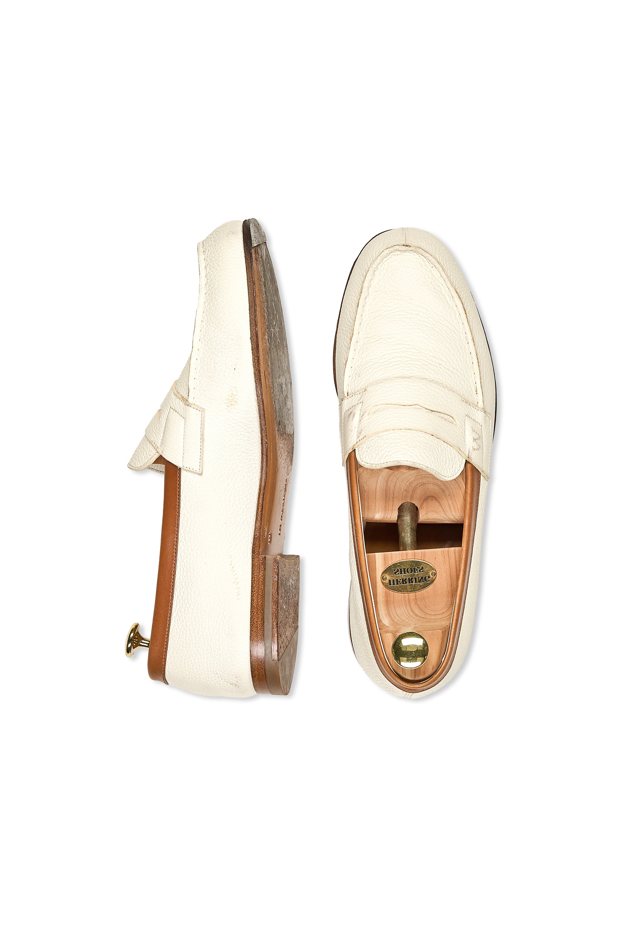 J.M. Weston White Grain Calf Penny Loafers