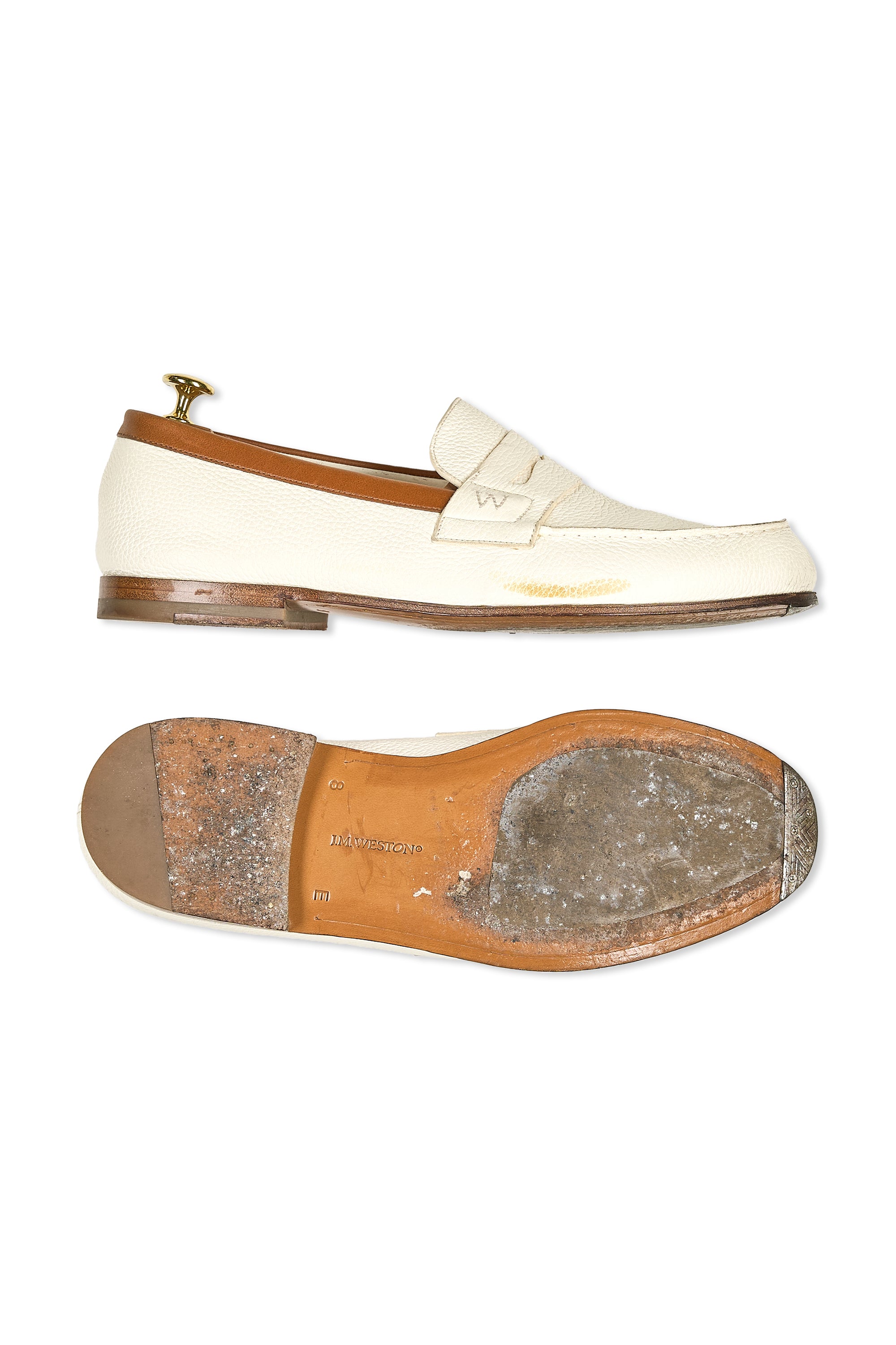 J.M. Weston White Grain Calf Penny Loafers