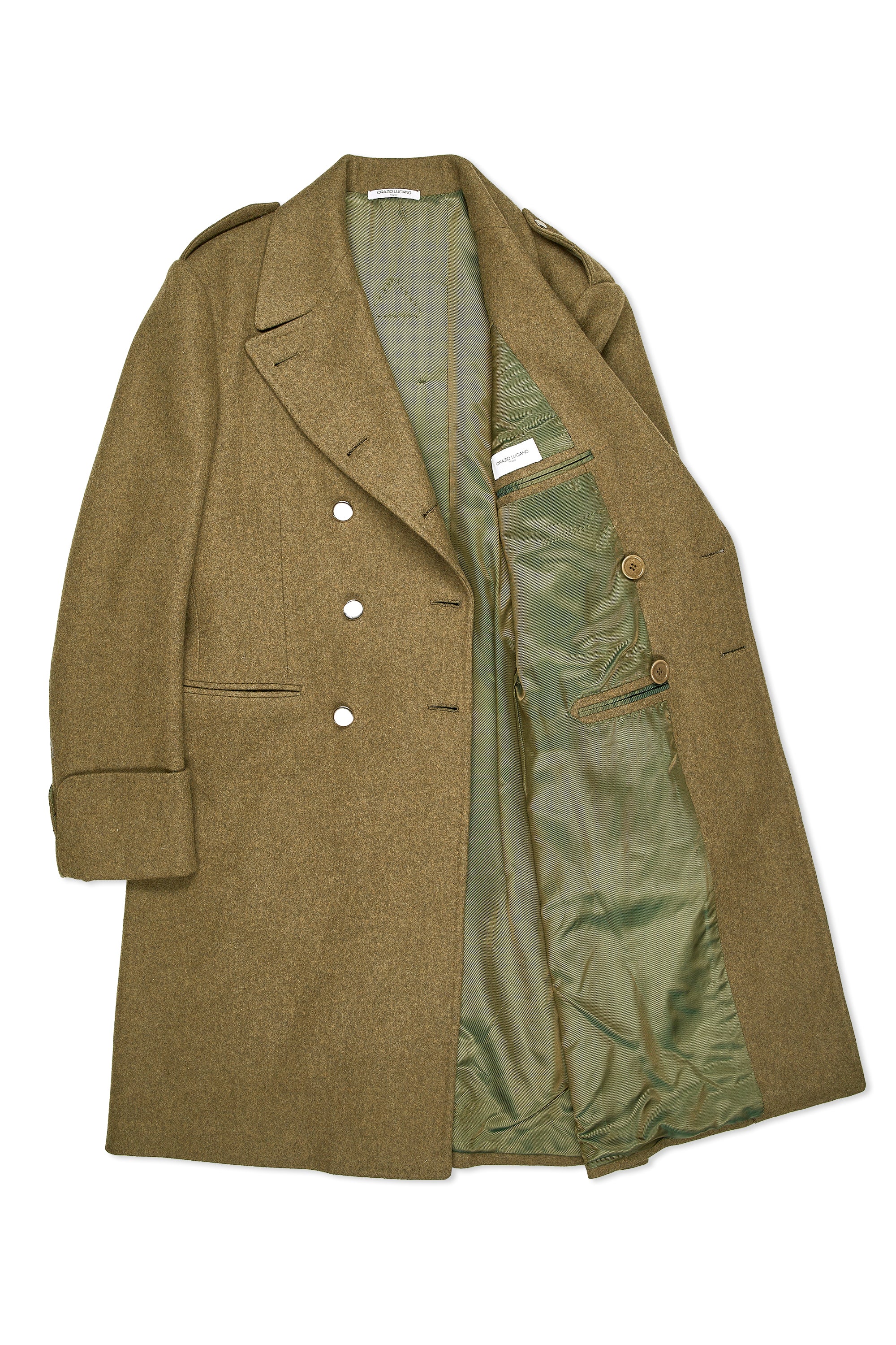 Orazio Luciano Olive Tweed Wool Double Breasted Overcoat