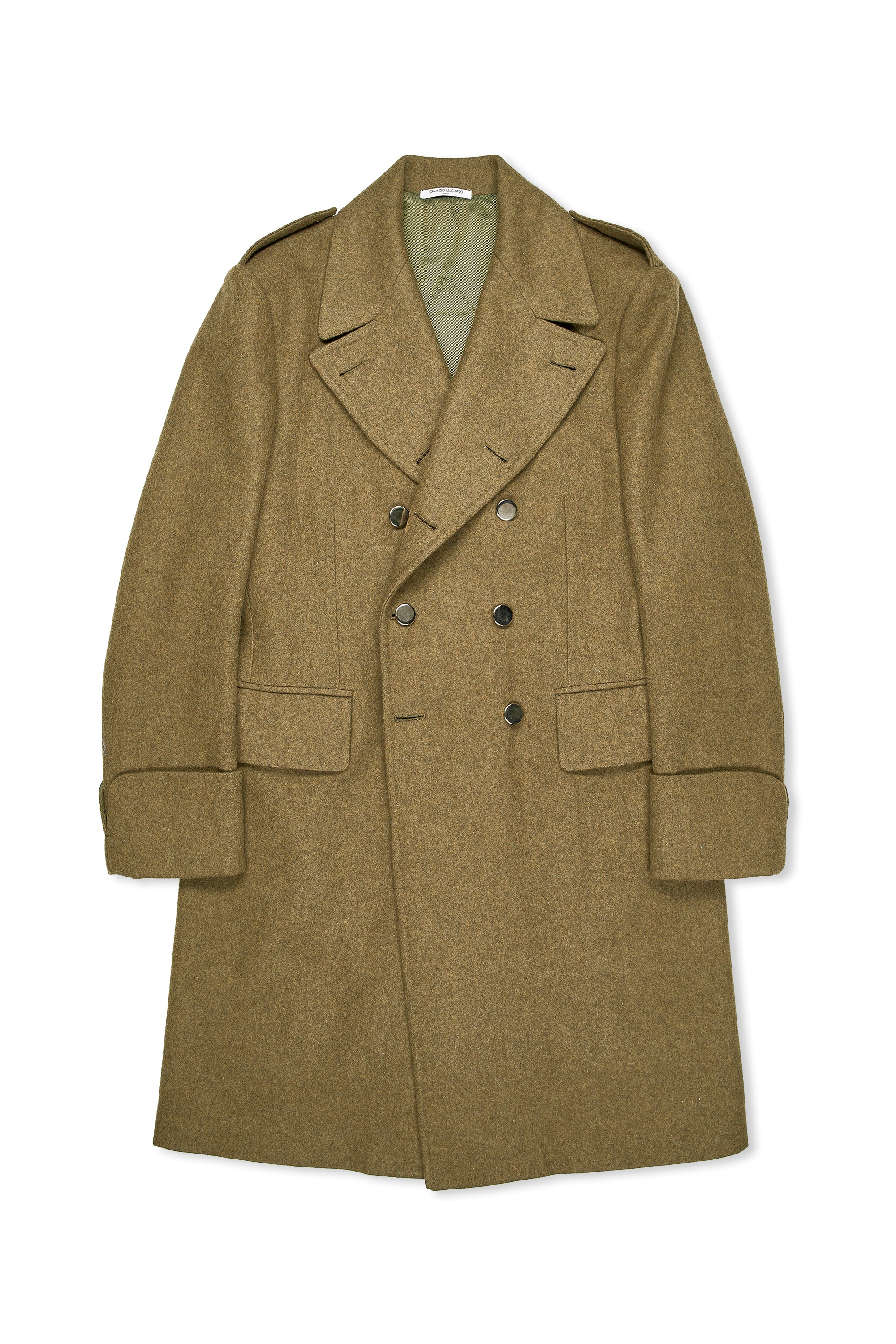 Orazio Luciano Olive Tweed Wool Double Breasted Overcoat