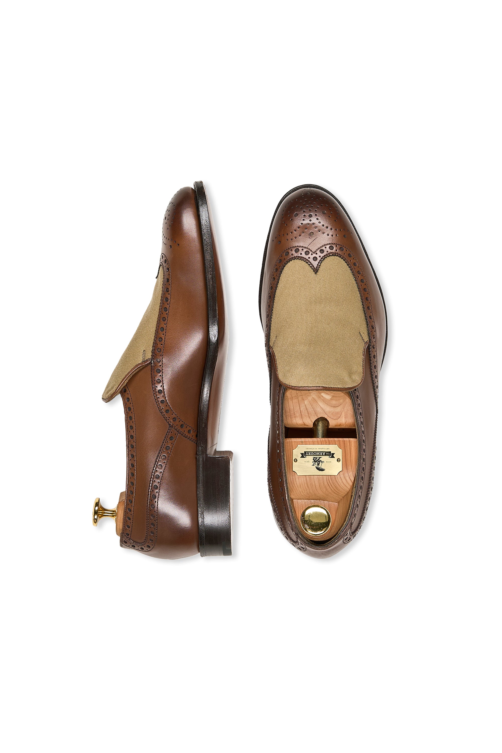 Edward Green Brown Calf Leather with Cotton Canvas Brogue Style Loafers
