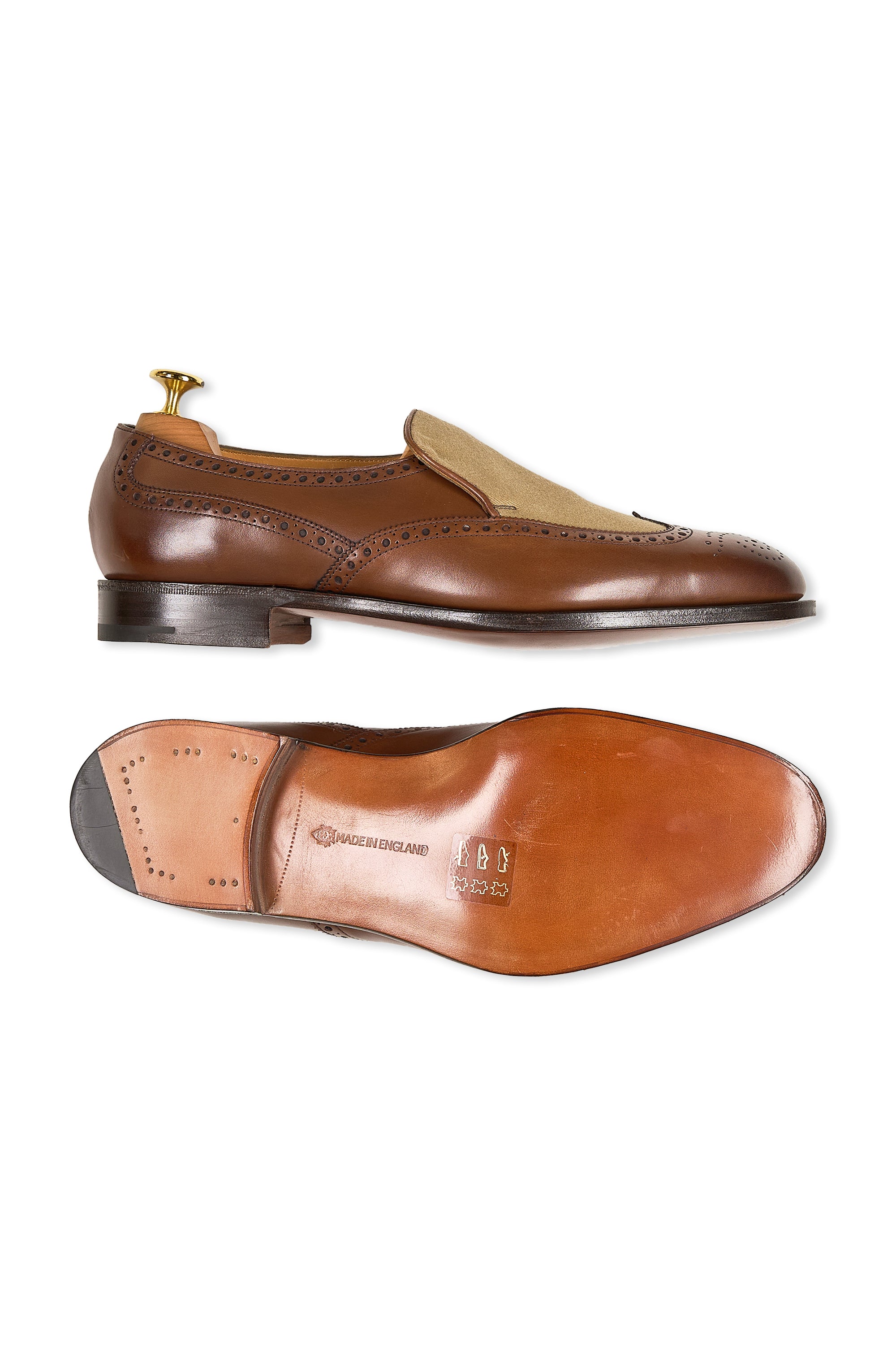Edward Green Brown Calf Leather with Cotton Canvas Brogue Style Loafers