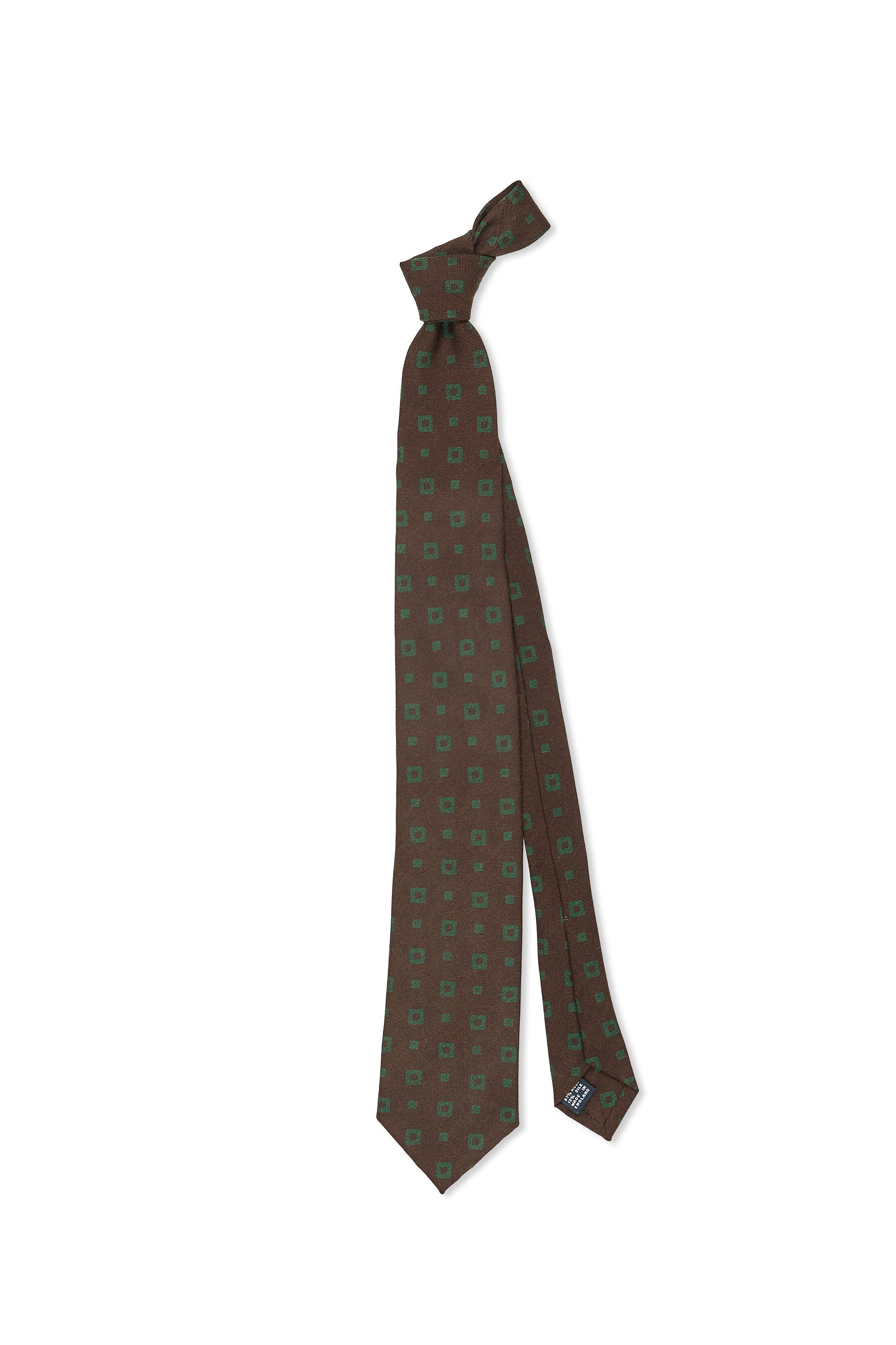 Drake's Brown with Green Square Wool/Silk Printed Tie