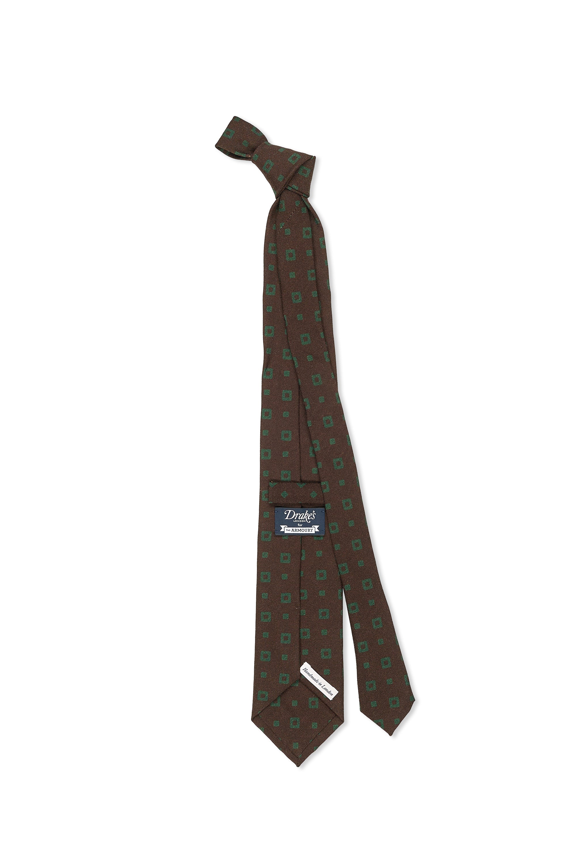 Drake's Brown with Green Square Wool/Silk Printed Tie