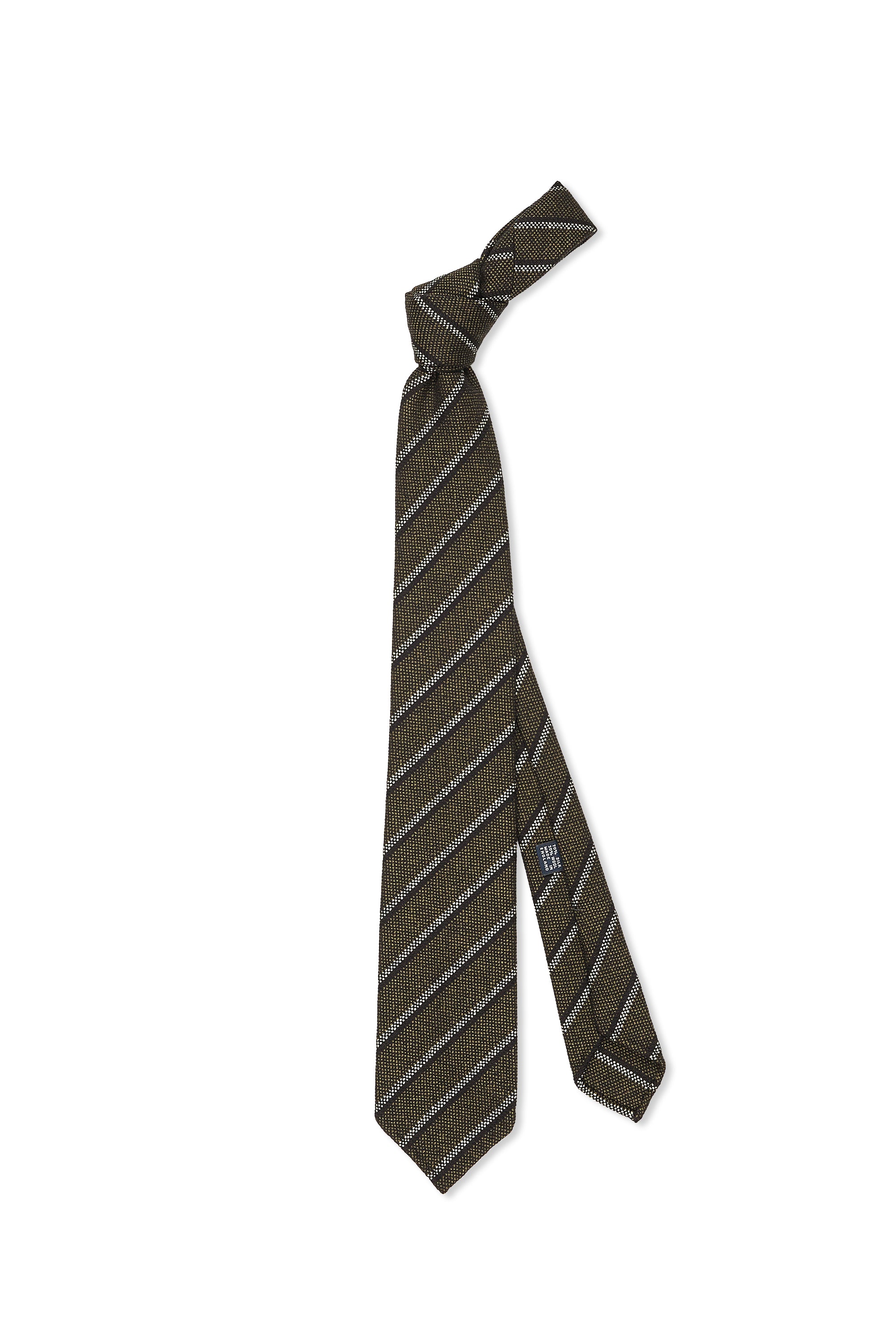 Drake's Olive with White Stripe Silk/Wool Woven Jacquard Hand Rolled Tie