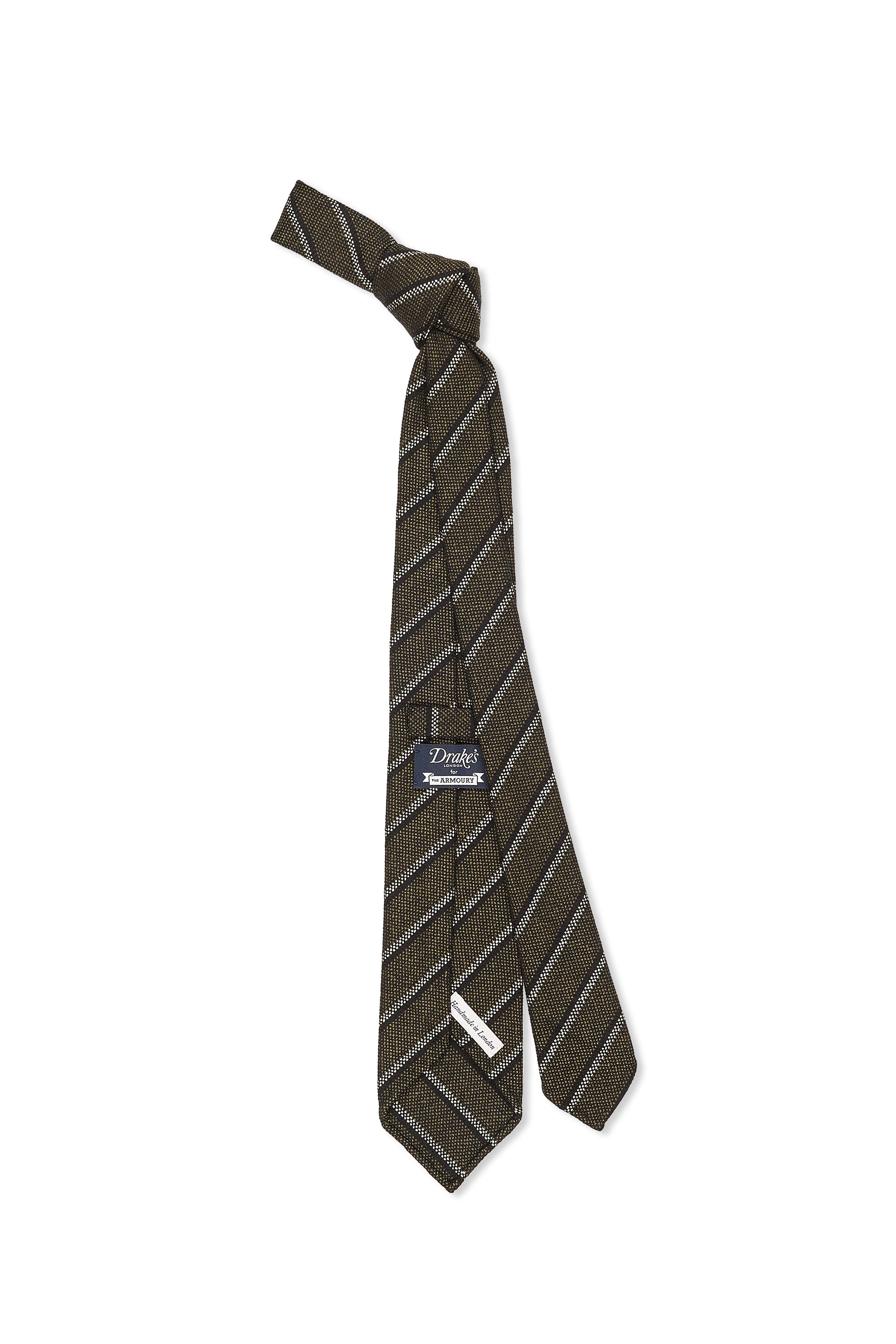 Drake's Olive with White Stripe Silk/Wool Woven Jacquard Hand Rolled Tie