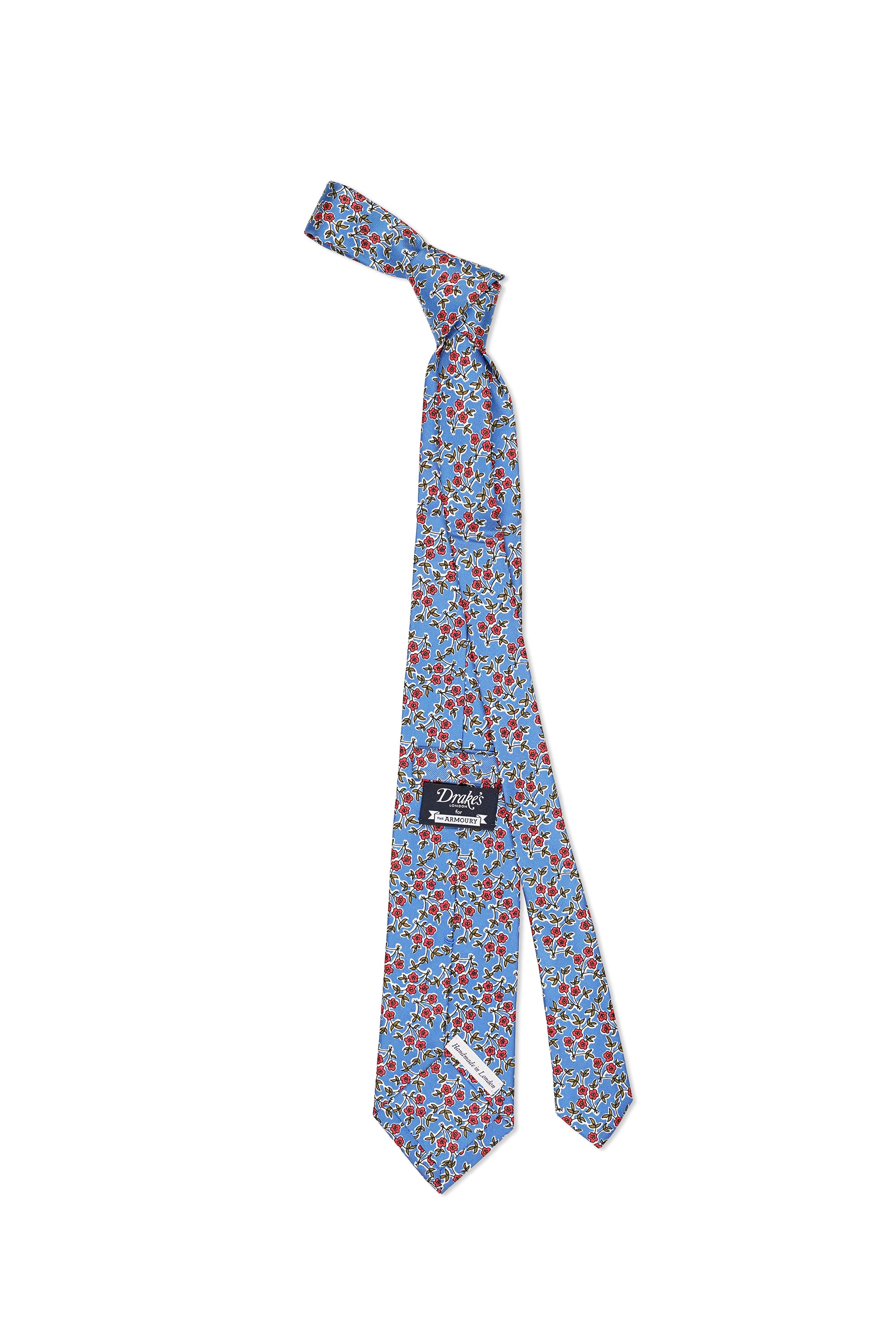 Drake's Blue with Red/Olive Flower Print Silk Tie