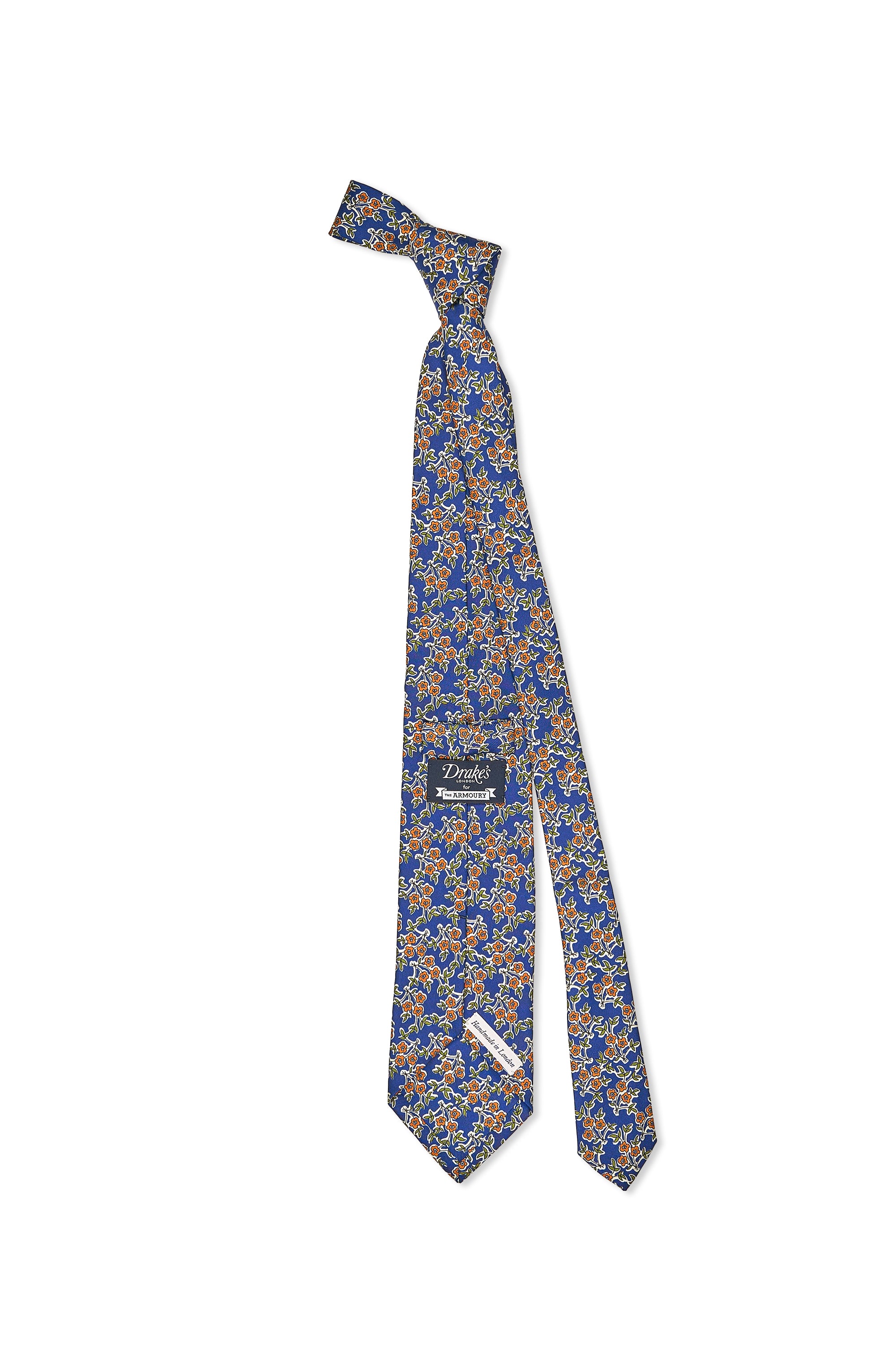 Drake's Navy with Orange Flower Silk Printed Foulard Tie