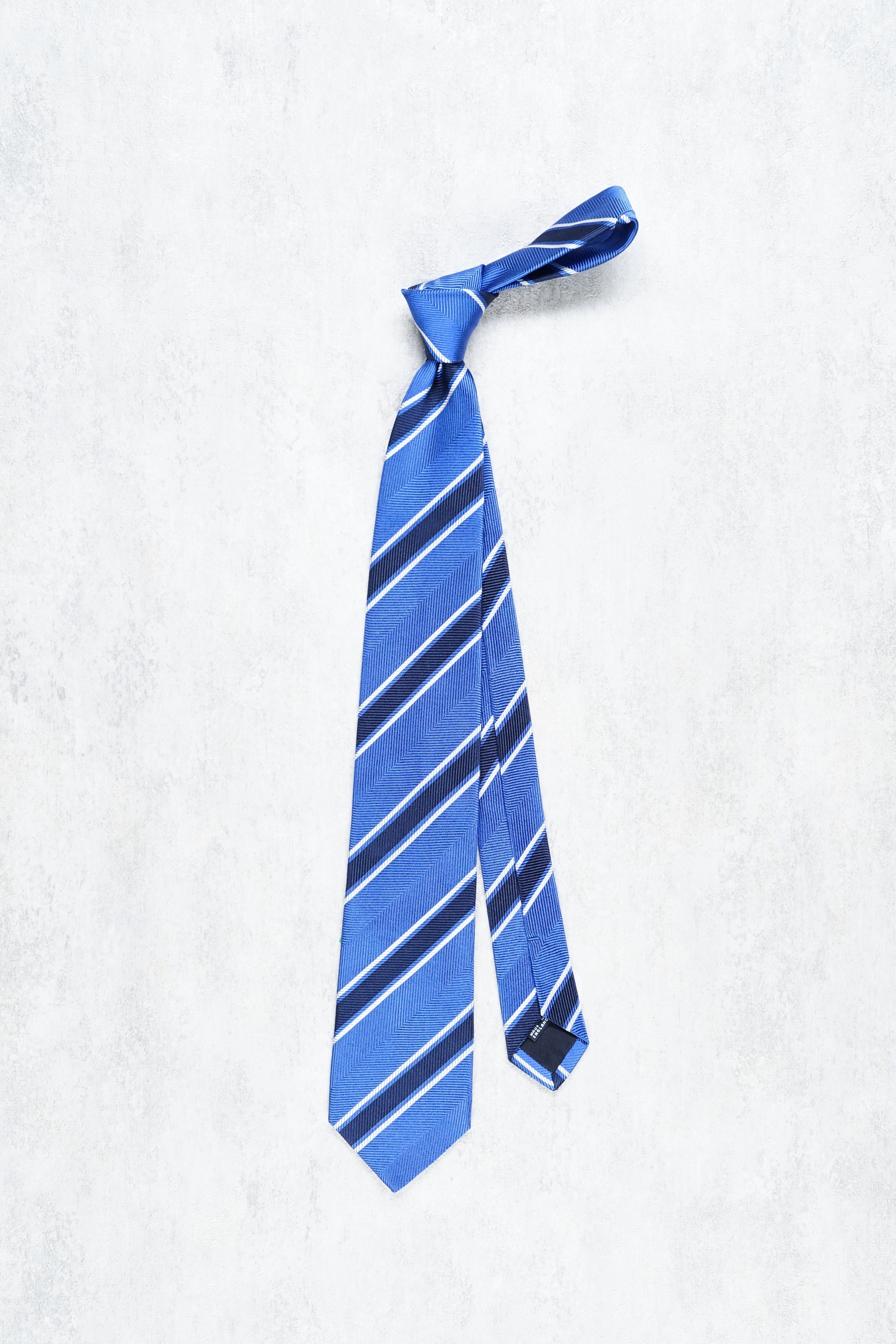 Drake's Blue with White/Navy Stripe Herringbone Silk Tie