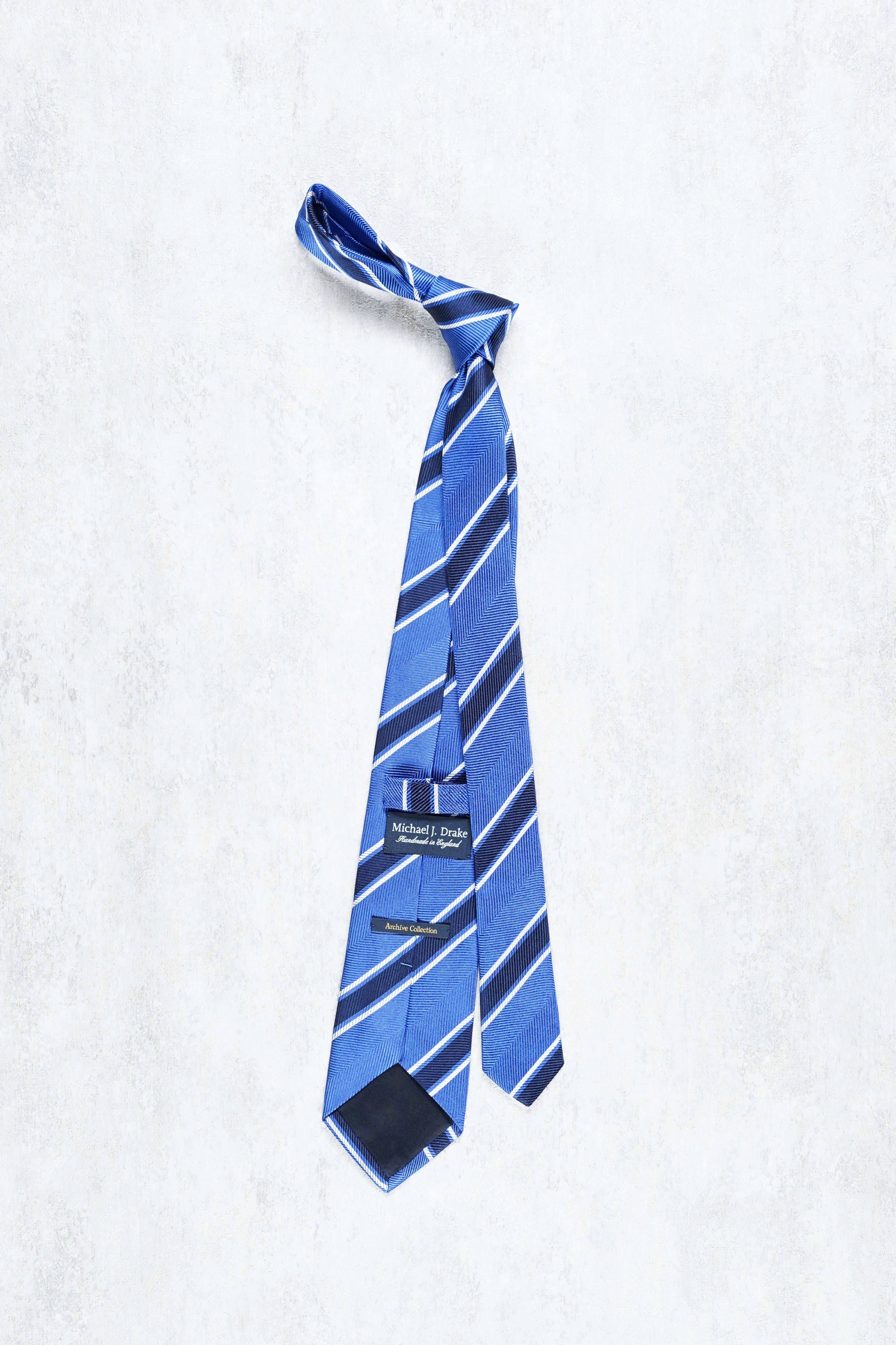 Drake's Blue with White/Navy Stripe Herringbone Silk Tie