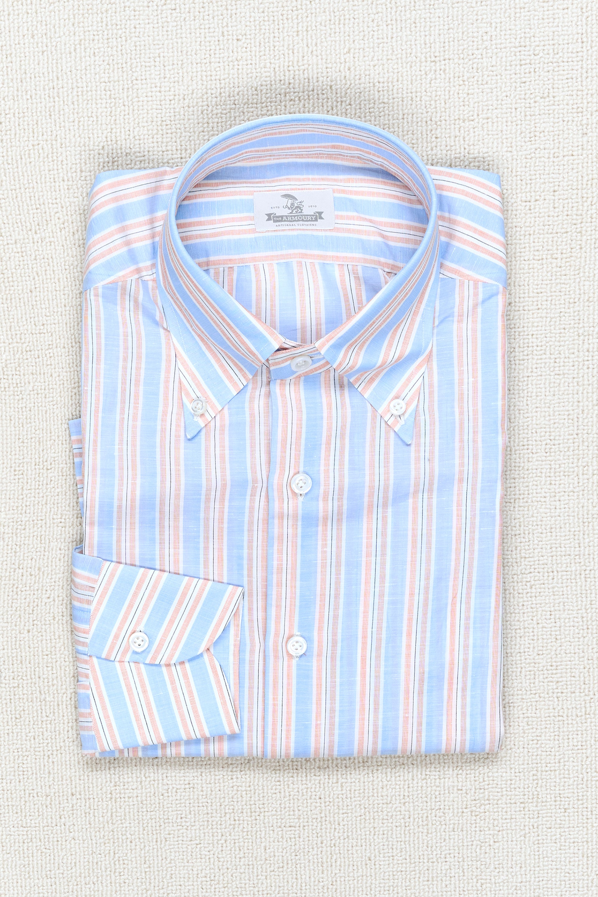 The Armoury Carlo Riva Blue with Coral Stripe Cotton/Linen Button Down Shirt