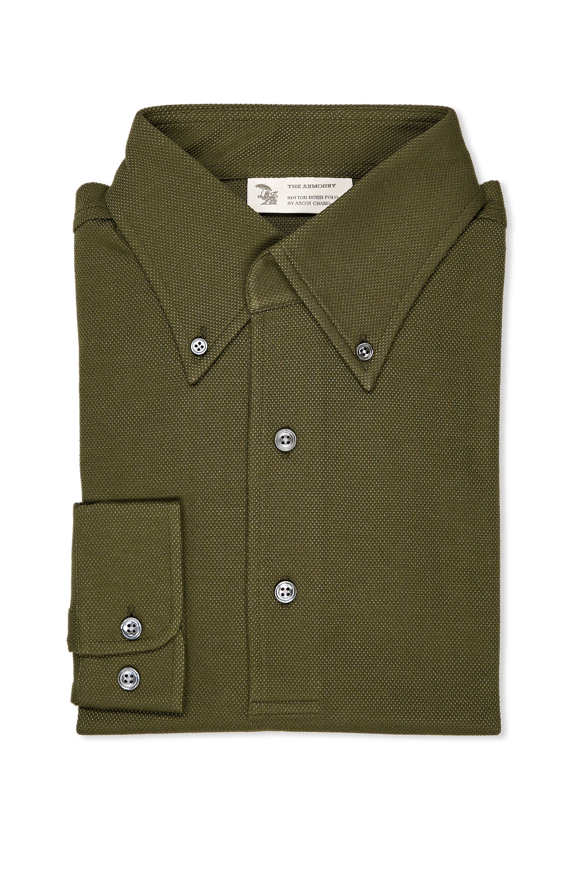 The Armoury Olive Cotton Pique Long Sleeve Button Down Polo