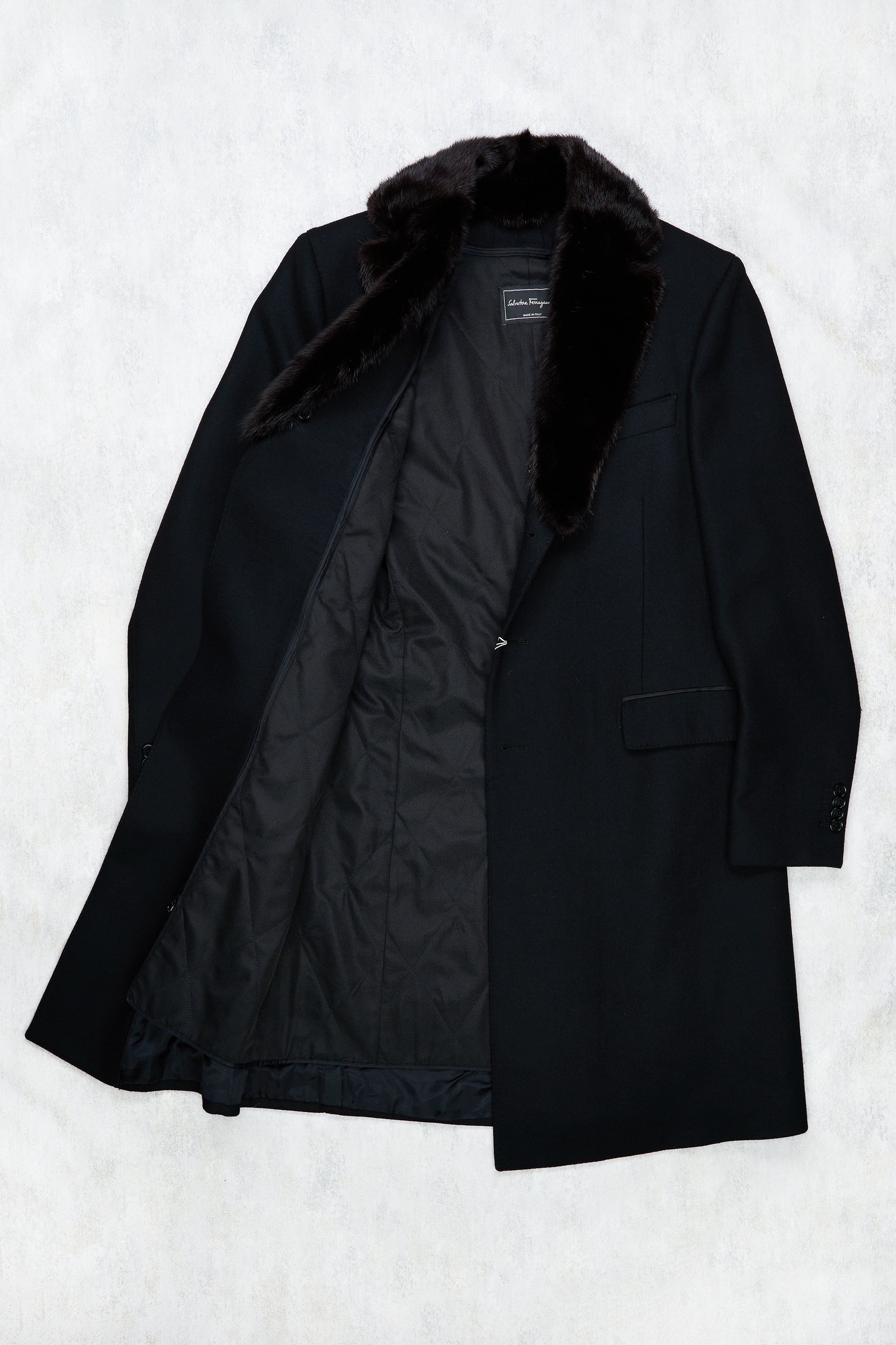 Salvatore Ferragamo Black Wool Overcoat with Detachable Fur Lapel
