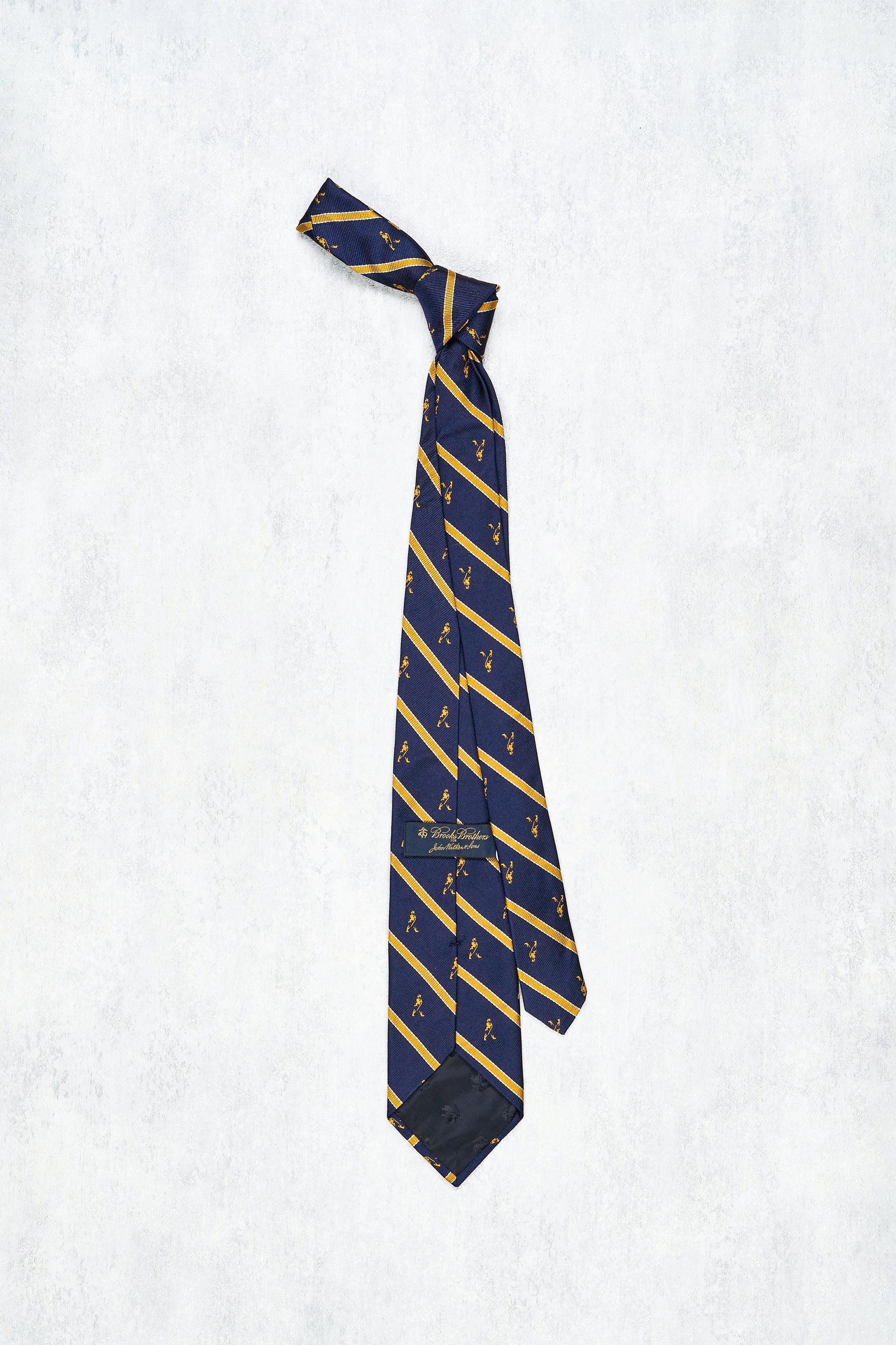 Brooks Brothers Navy with Yellow Stripe and Striding Man Pattern Silk Tie