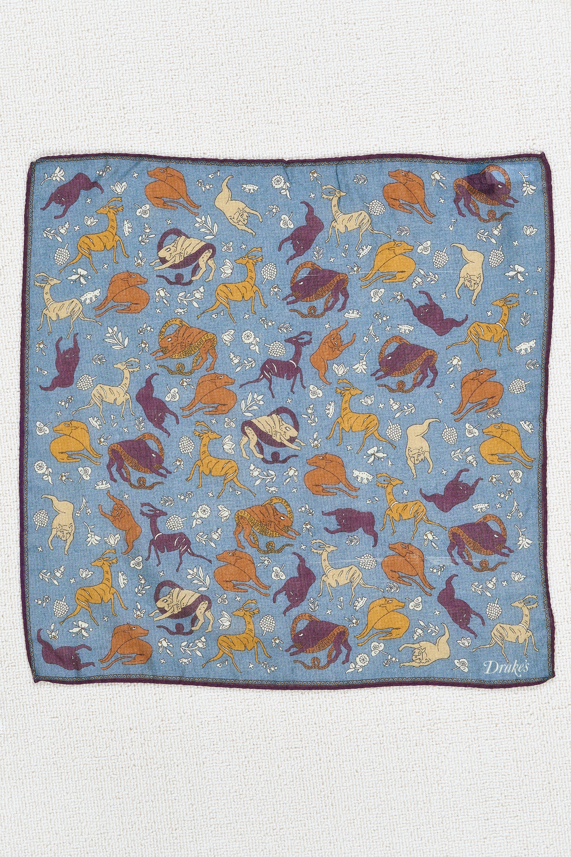 Drake's Blue with Purple/Orange Animal Print Wool/Silk Pocket Square