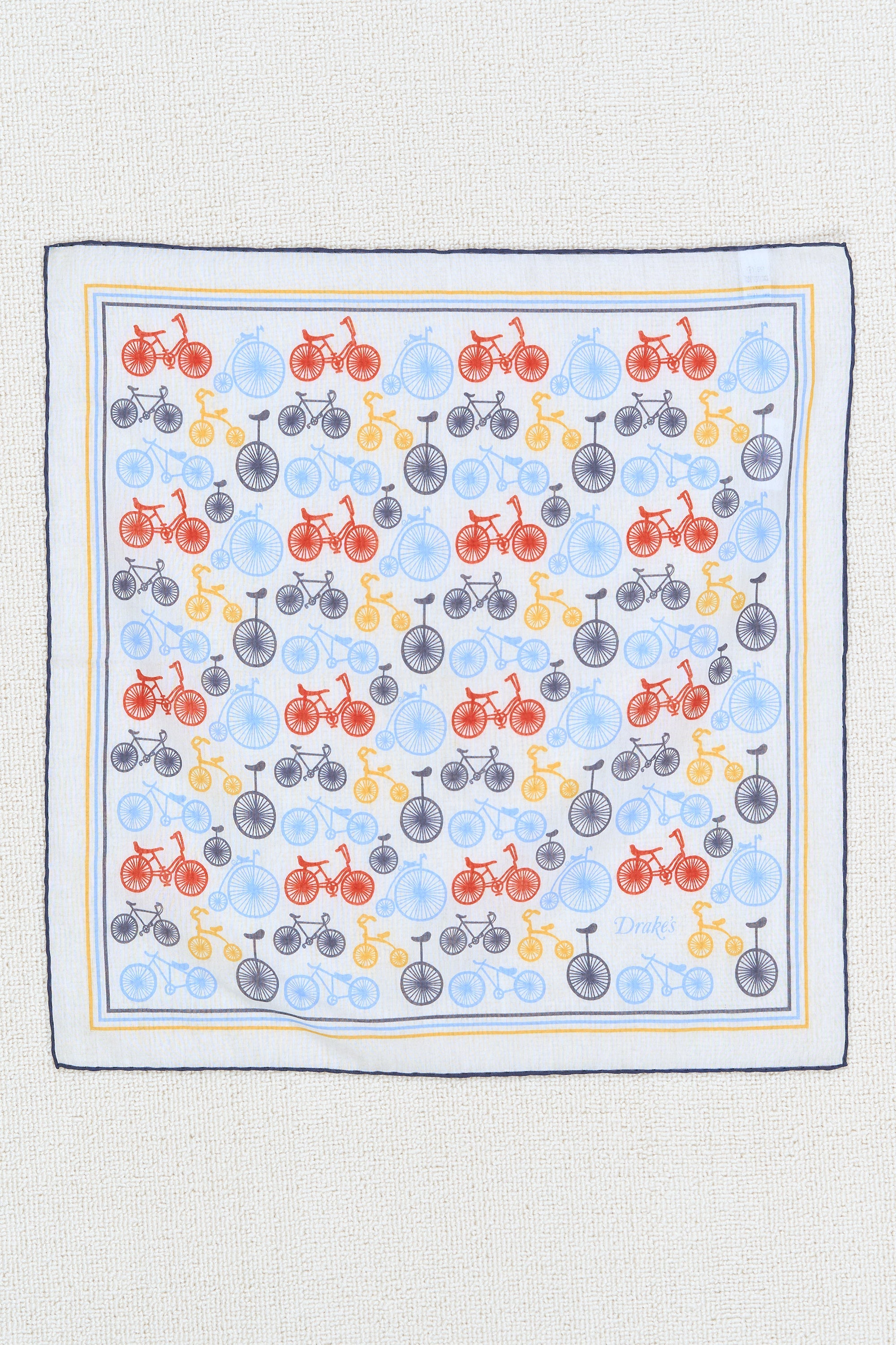 Drake's White with Red/Blue/Yellow Bike Pattern Cotton/Silk Pocket Square