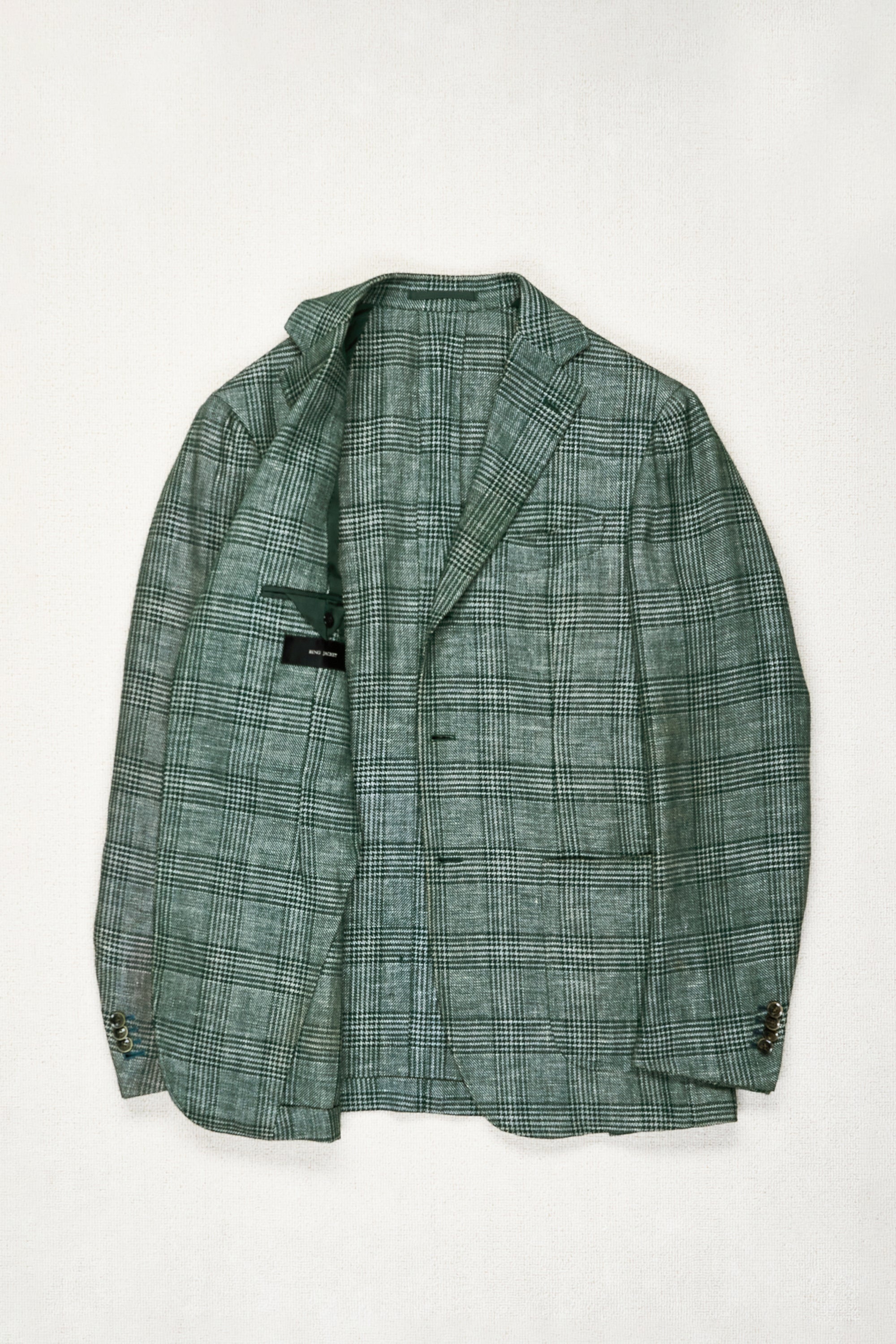 Ring Jacket Green Prince of Wales Check Wool/Linen/Silk/Cashmere Sport Coat