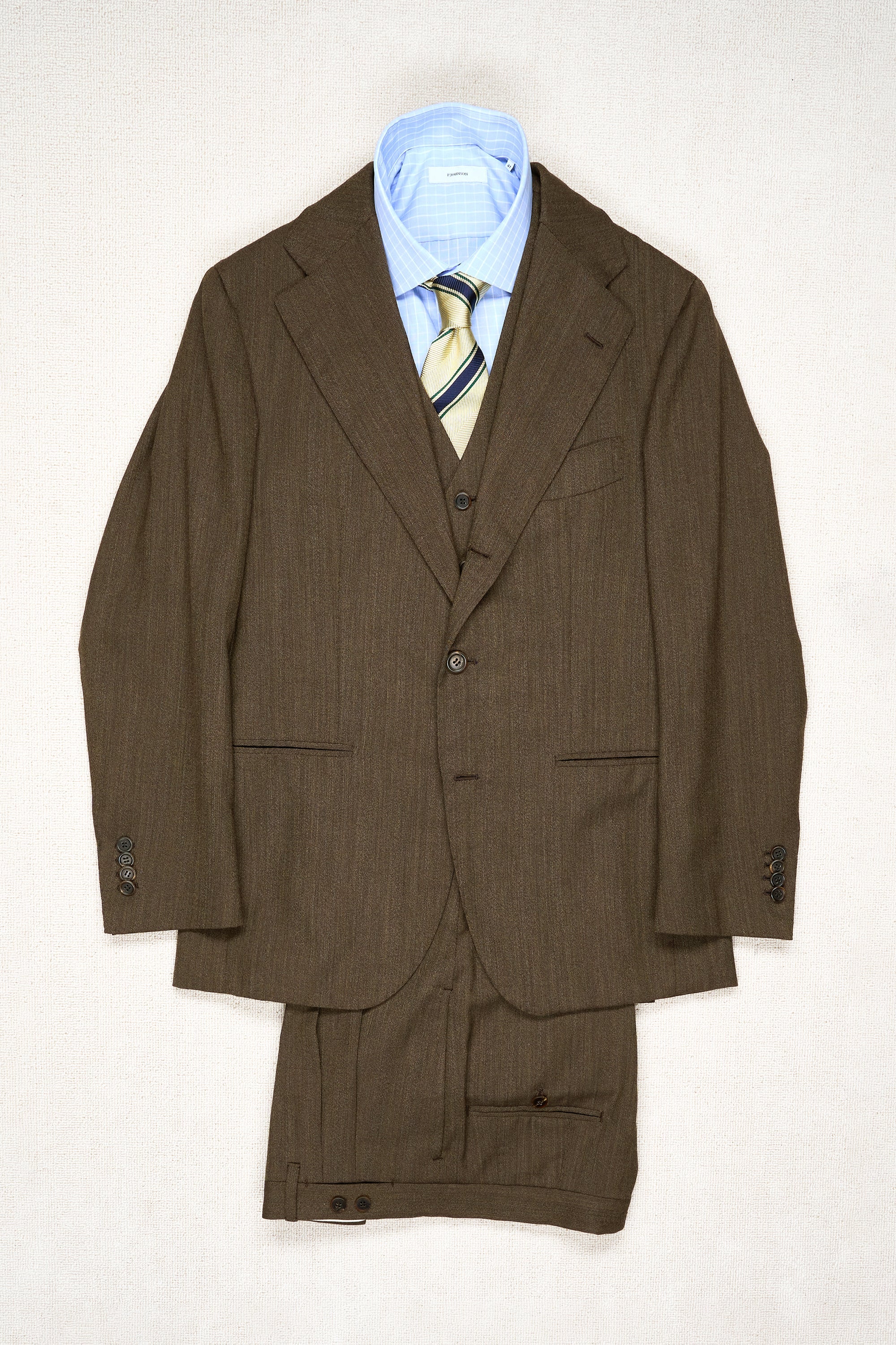 Orazio Luciano Brown Herringbone Wool 3 Piece Suit
