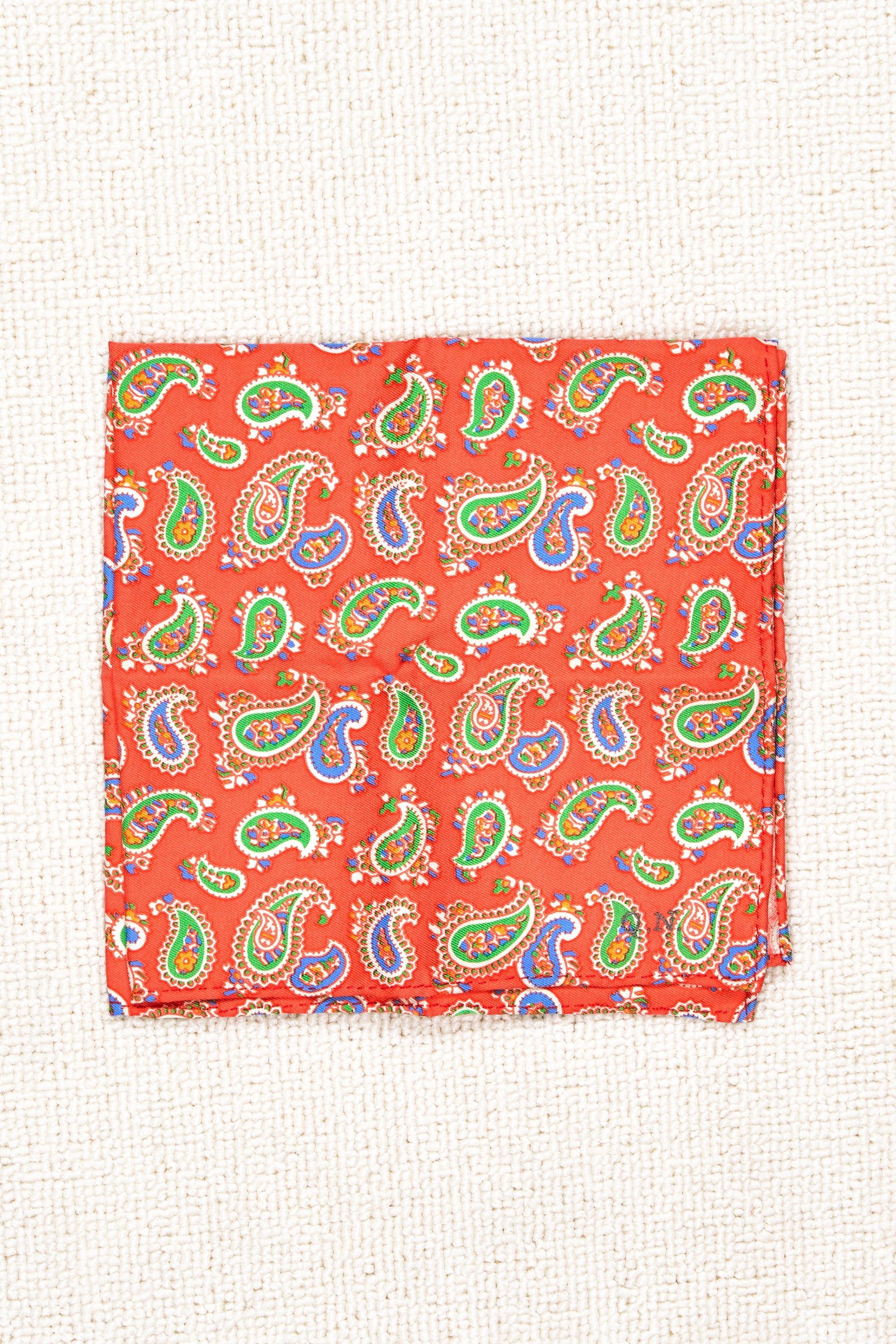 Drake's Orange with Green/Blue Paisley Pattern Silk Pocket Square