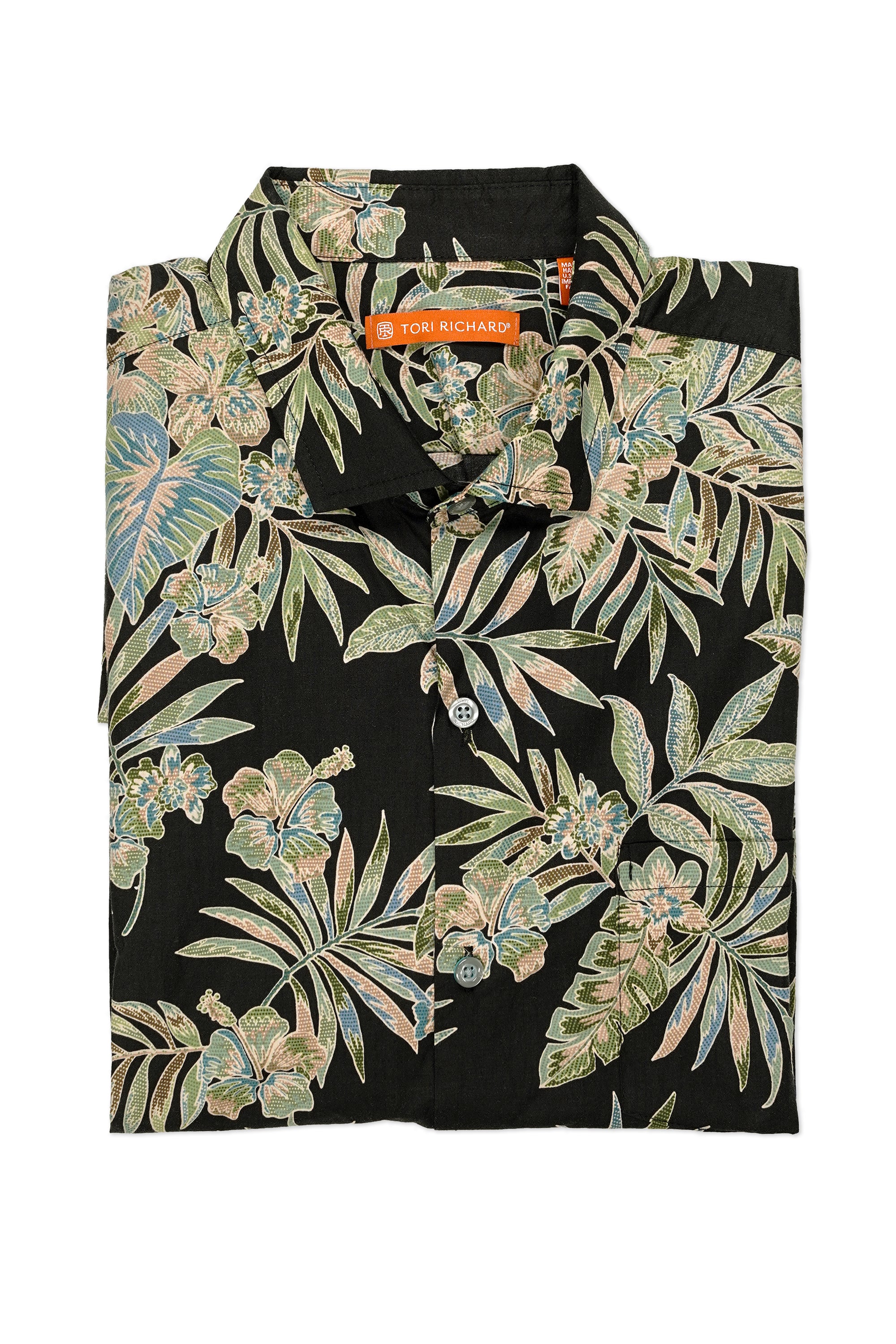 Tori Richard Black with Green/Brown Leaf Pattern Cotton Short Sleeve Shirt