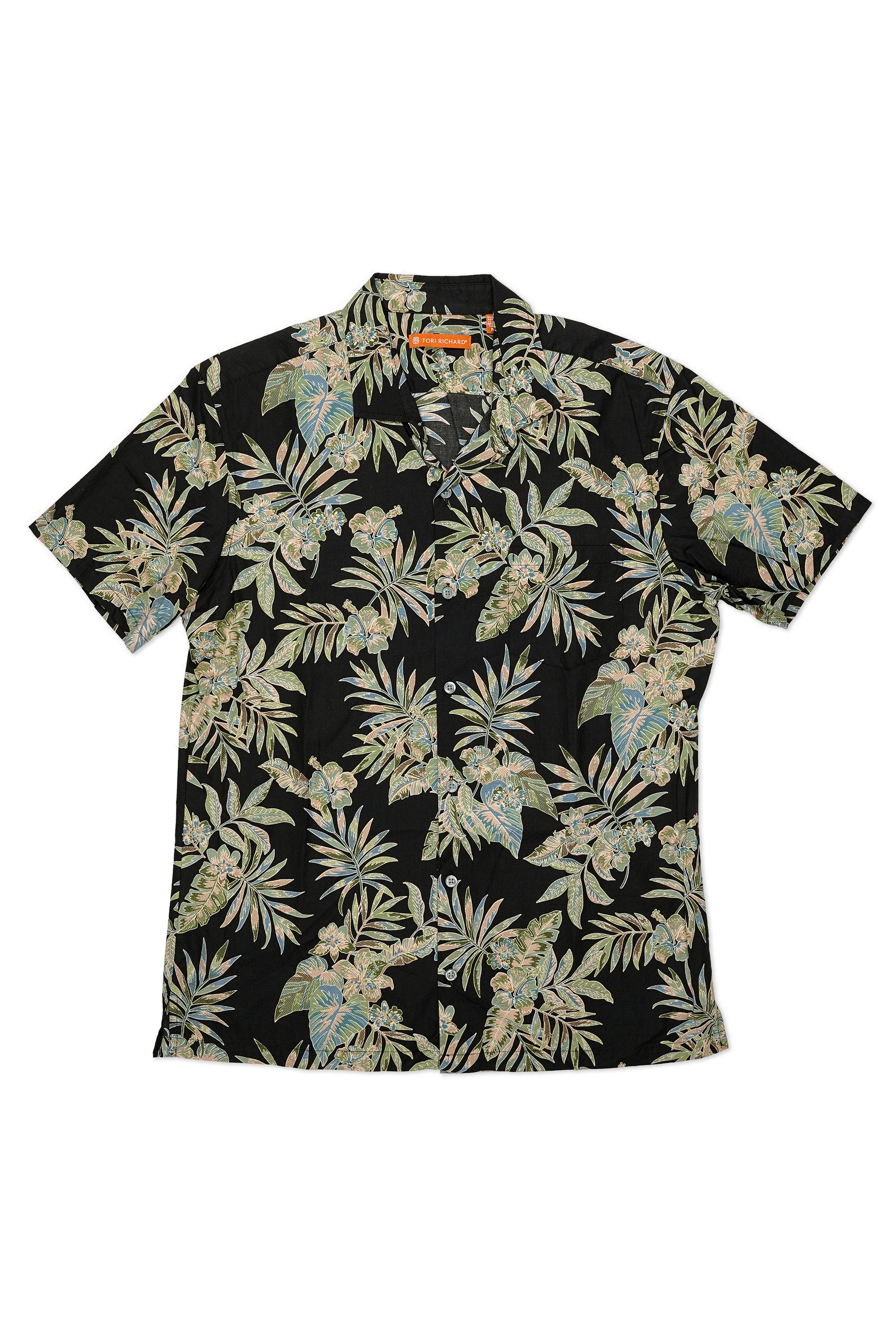 Tori Richard Black with Green/Brown Leaf Pattern Cotton Short Sleeve Shirt