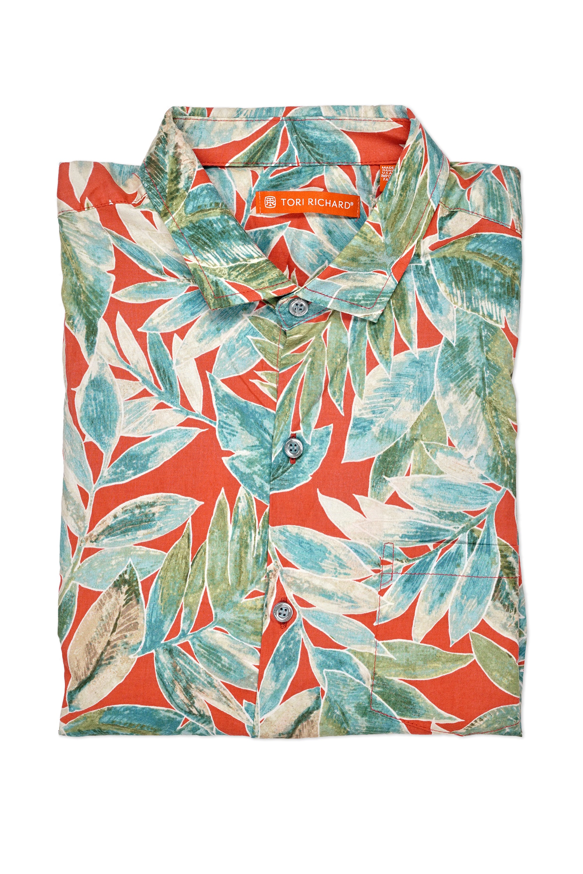 Tori Richard Red with Green/Blue Leaf Pattern Cotton Short Sleeve Shirt