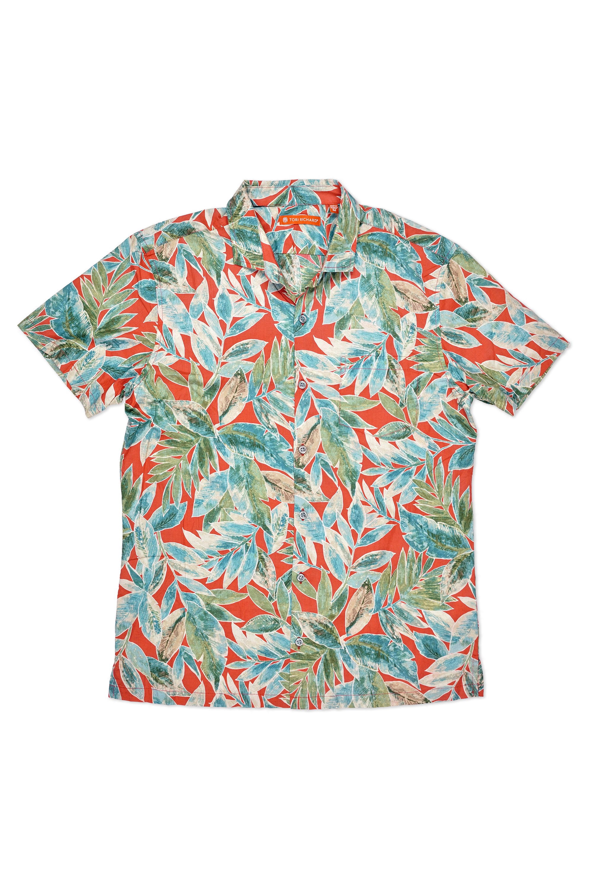 Tori Richard Red with Green/Blue Leaf Pattern Cotton Short Sleeve Shirt