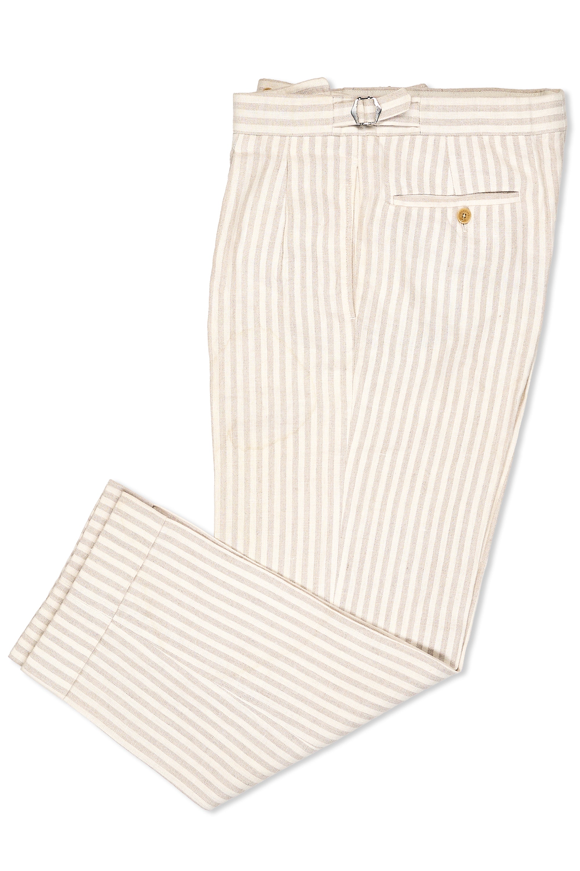 Bernard Zins for Beams Beige/Cream Stripe Linen Double Pleat Trousers