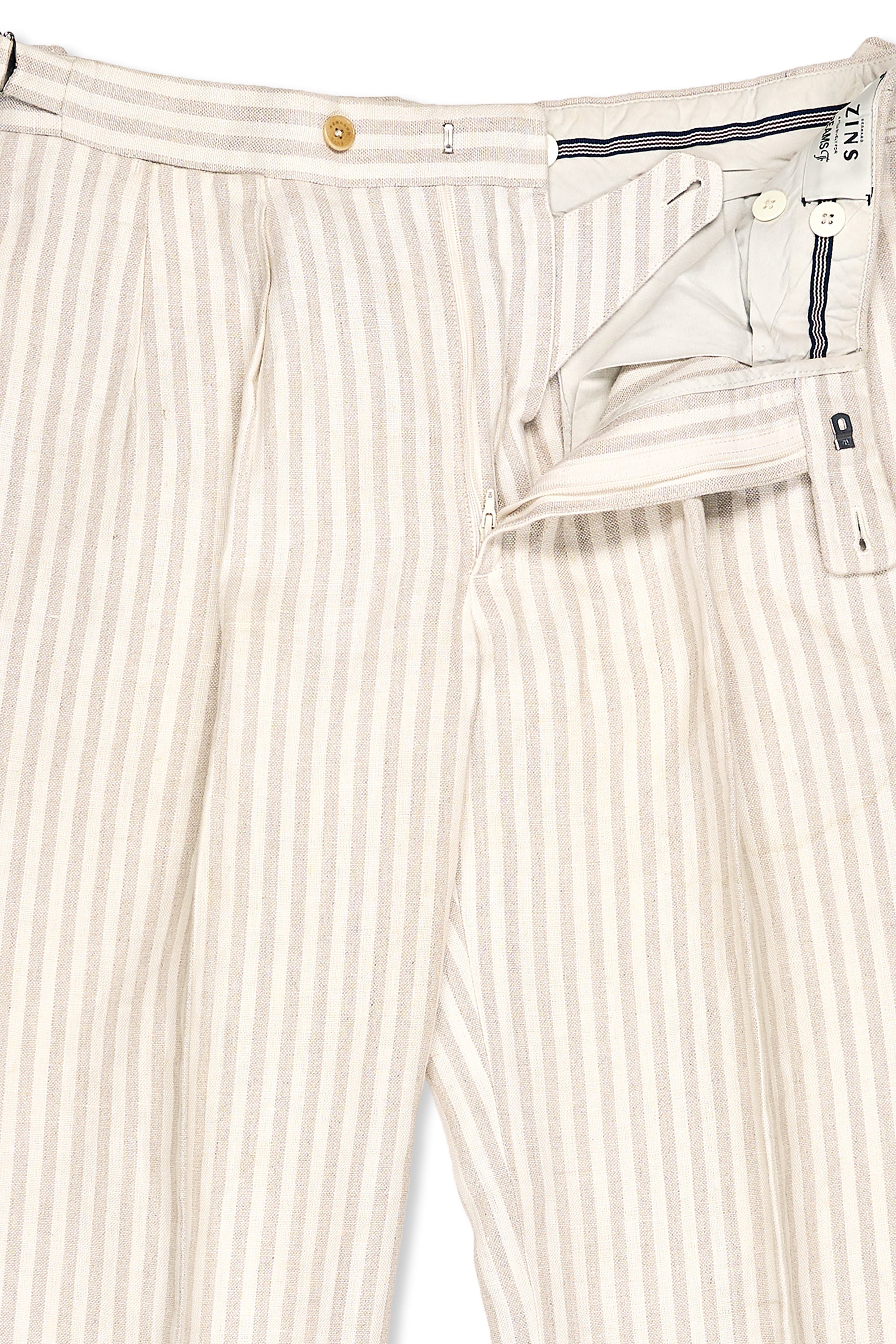 Bernard Zins for Beams Beige/Cream Stripe Linen Double Pleat Trousers