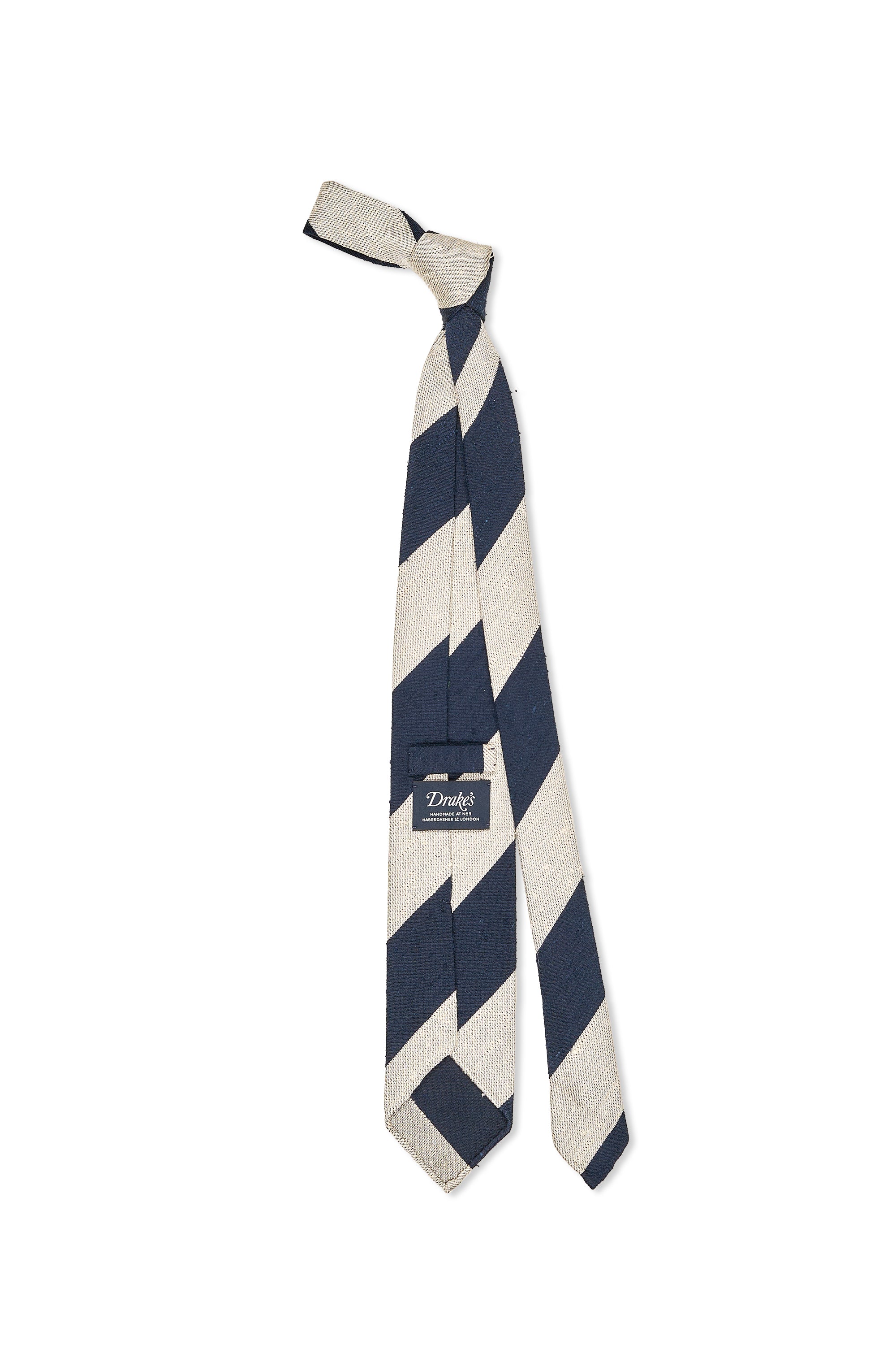 Drake's White/Navy Stripe Shantung Silk Tie