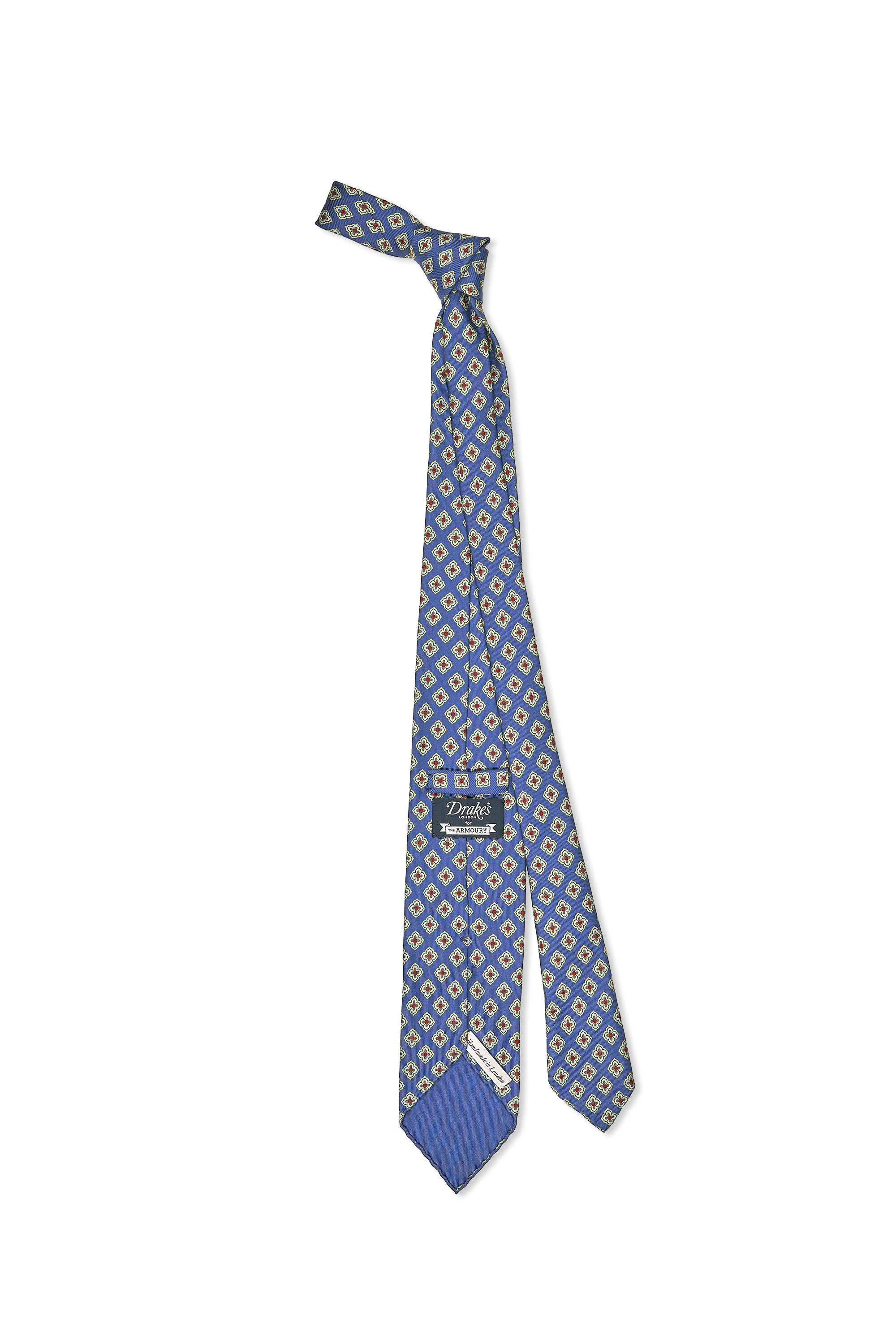 Drake's Blue with Red/White/Gold Flower Pattern Silk Tie