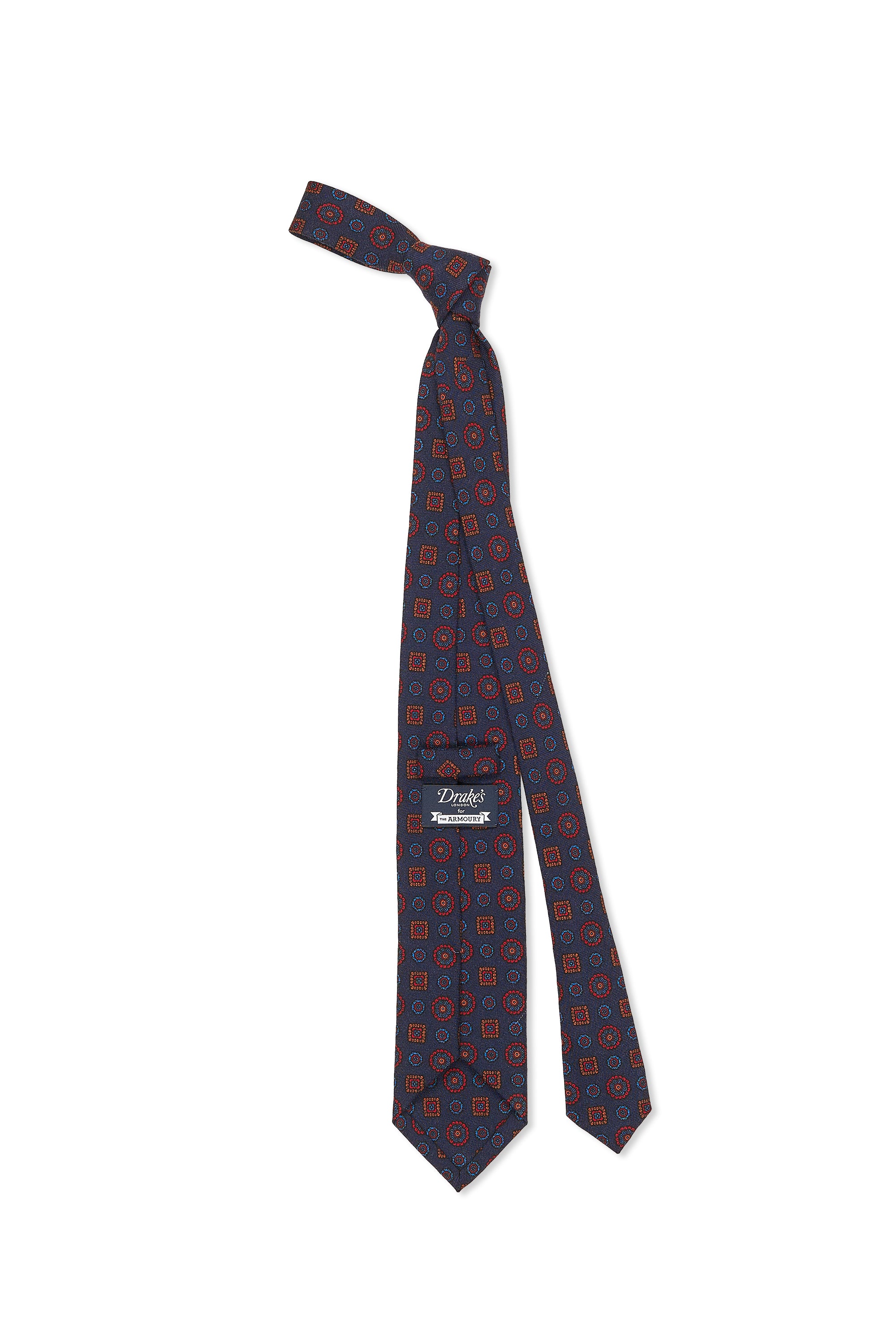 Drake's Navy with Red/Orange/Blue Flower Pattern Wool Tie