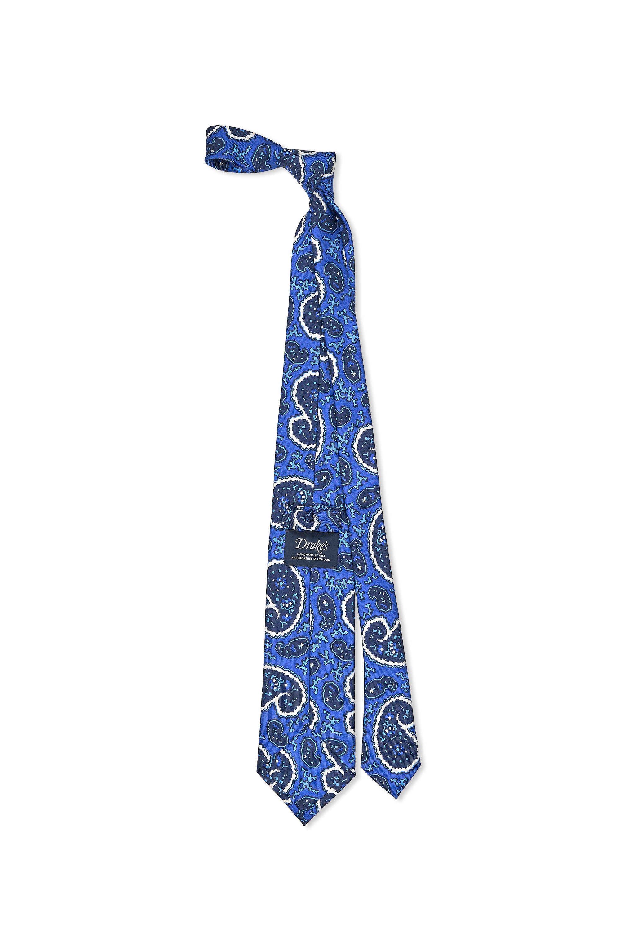 Drake's Blue with White Paisley Silk Tie