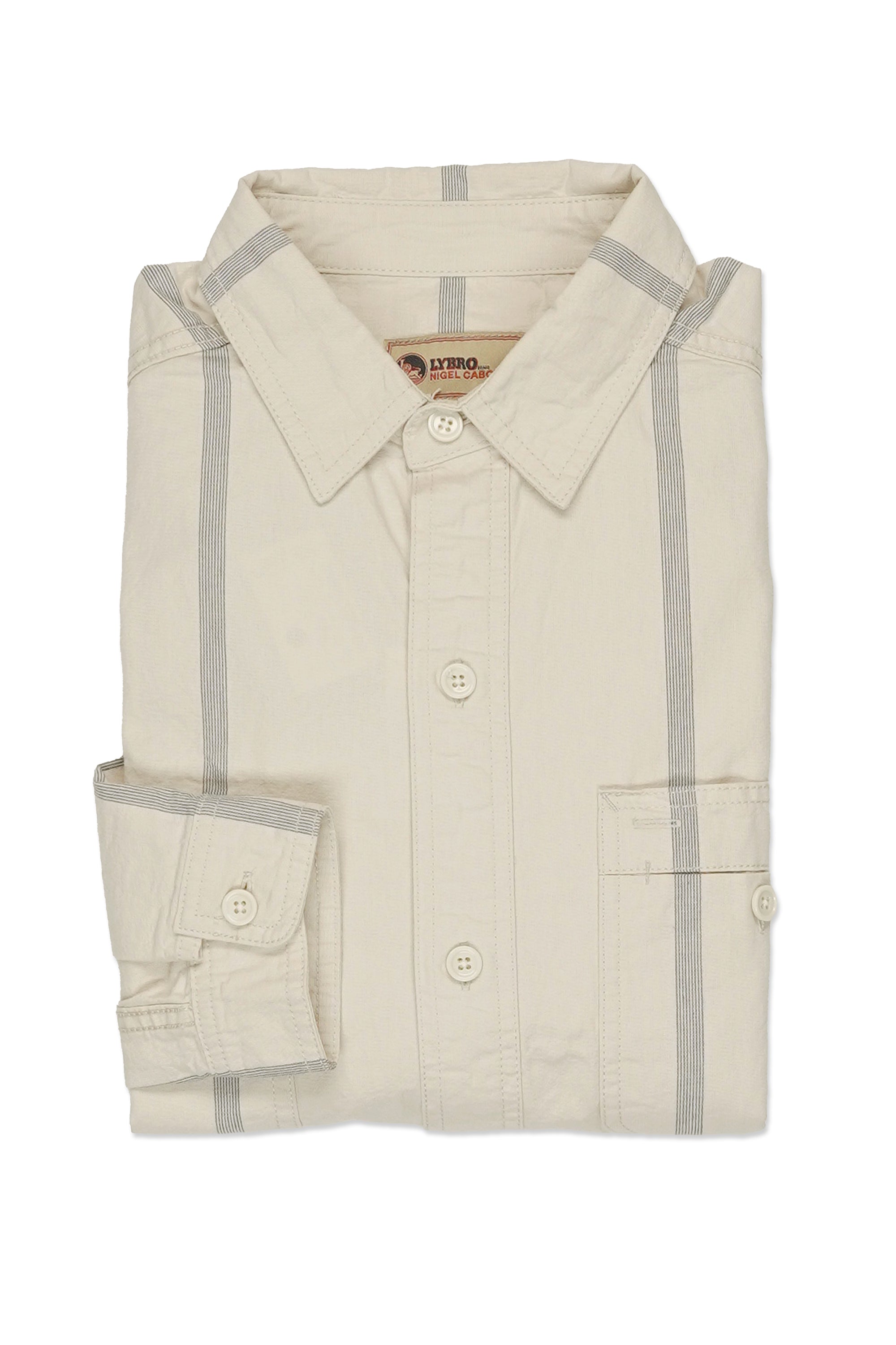 Nigel Cabourn S-50 Ivory with Blue Stripe Calico Cotton Work Shirt