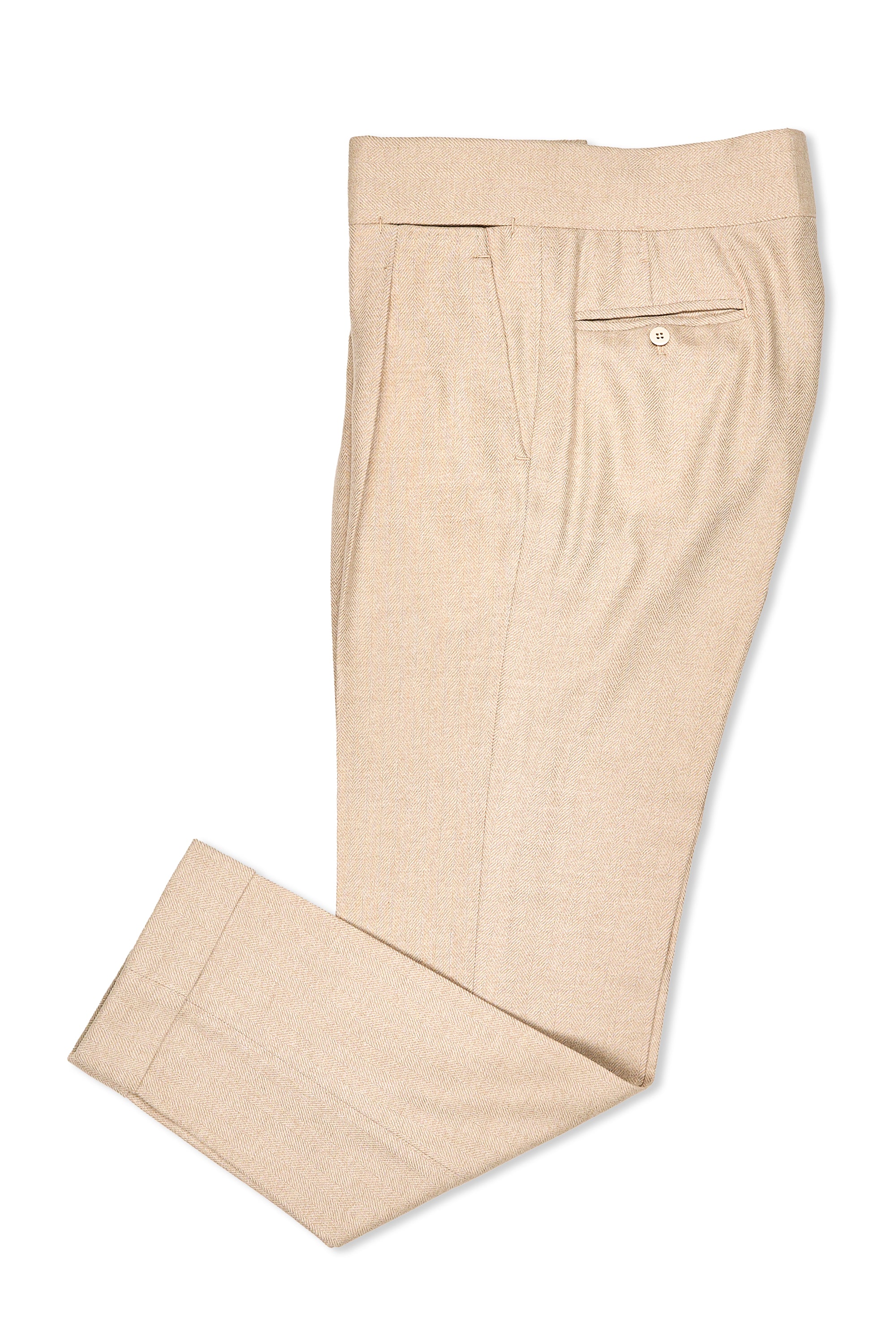 Ambrosi Napoli Beige Cashmere Herringbone Single Pleat Trousers Bespoke