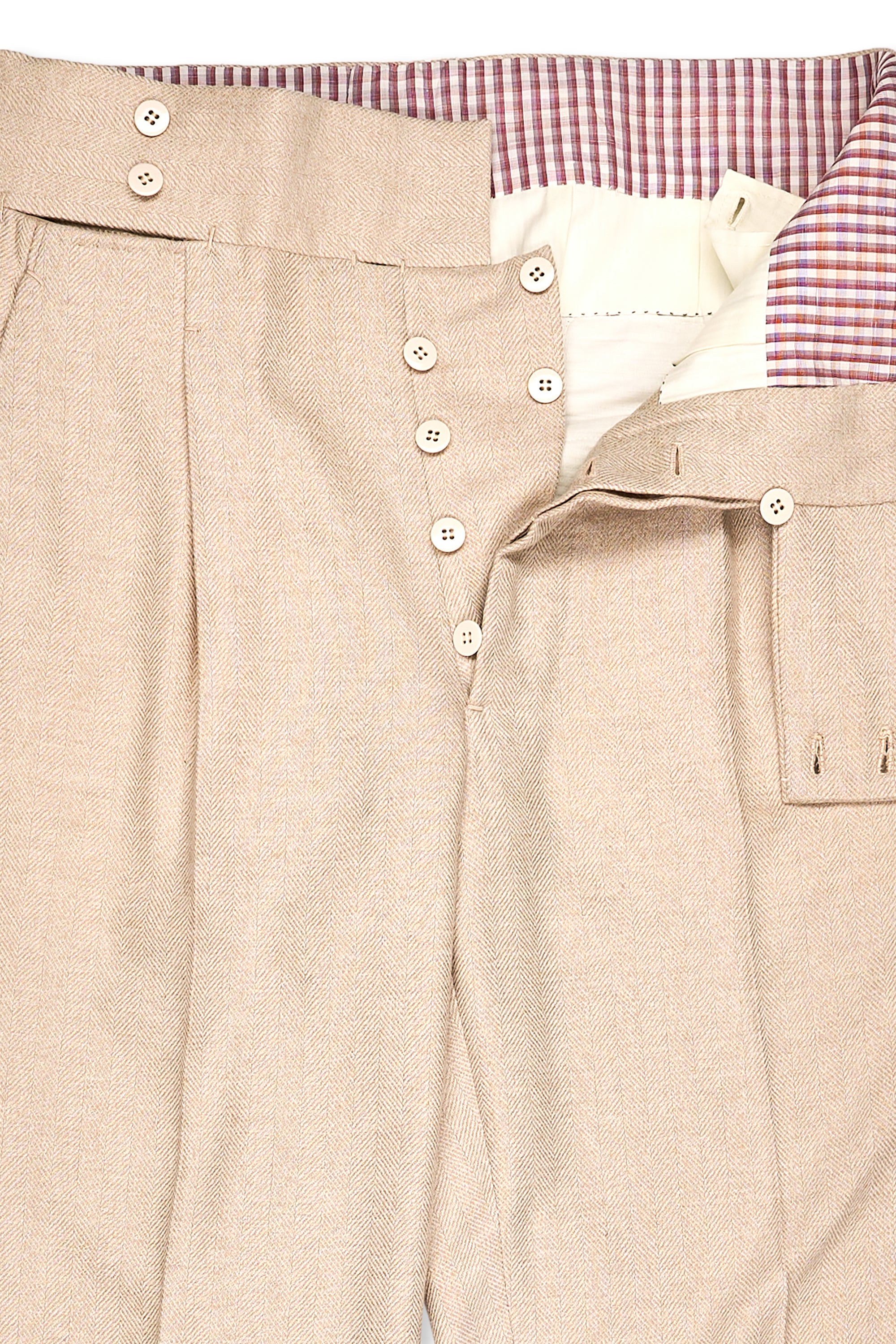 Ambrosi Napoli Beige Cashmere Herringbone Single Pleat Trousers Bespoke