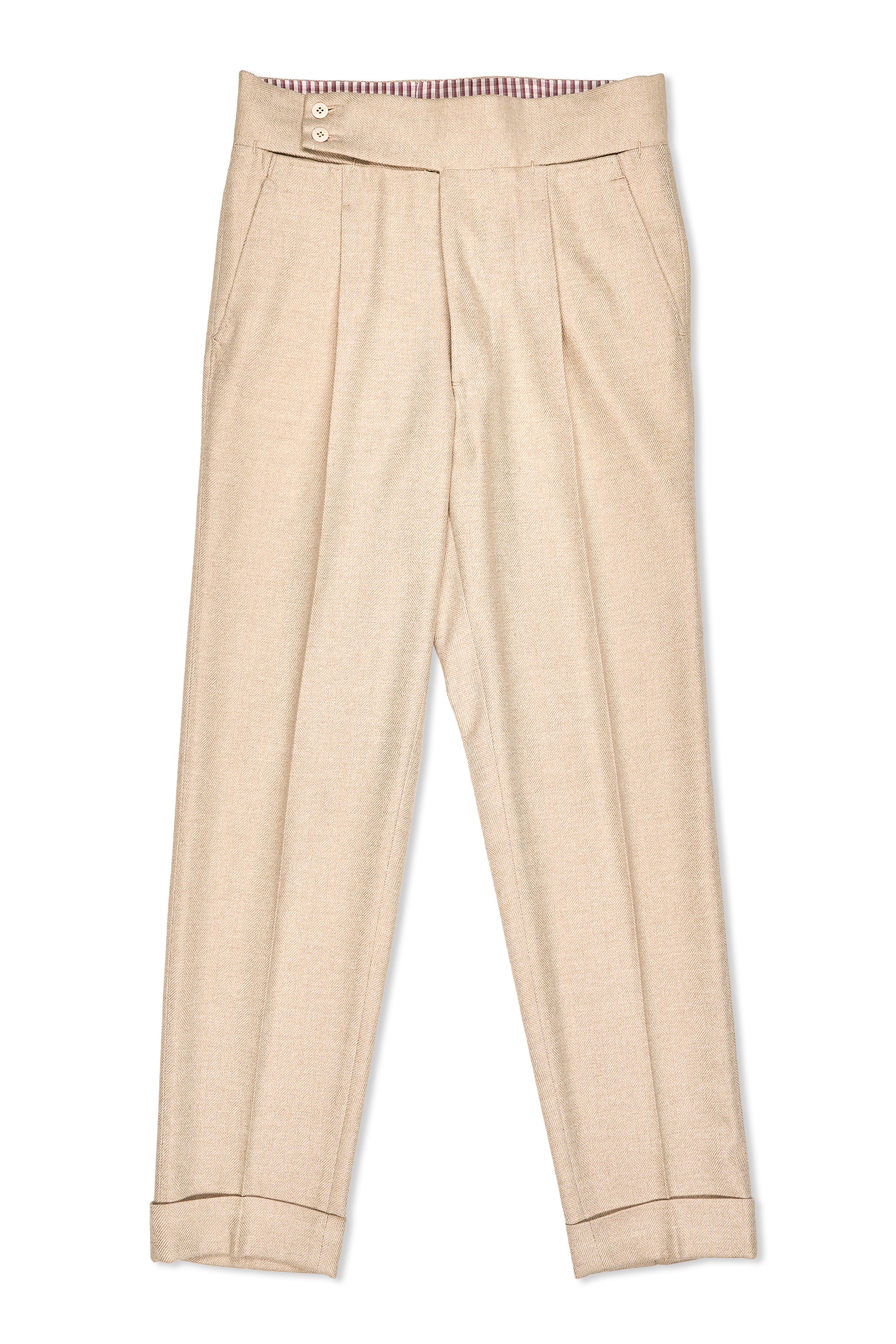 Ambrosi Napoli Beige Cashmere Herringbone Single Pleat Trousers Bespoke