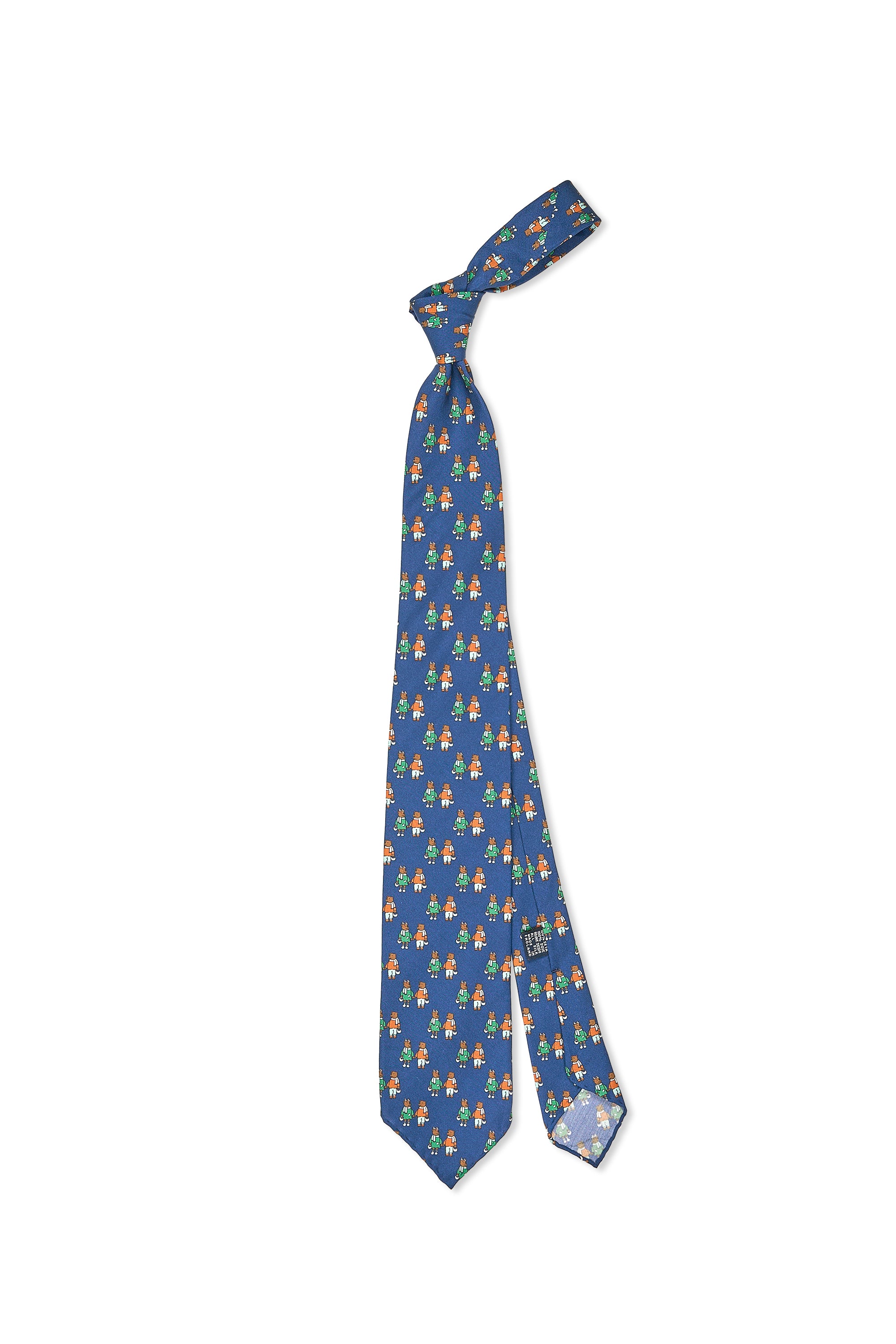 Drake's Blue with Green/Orange Bear Pattern Silk Tie