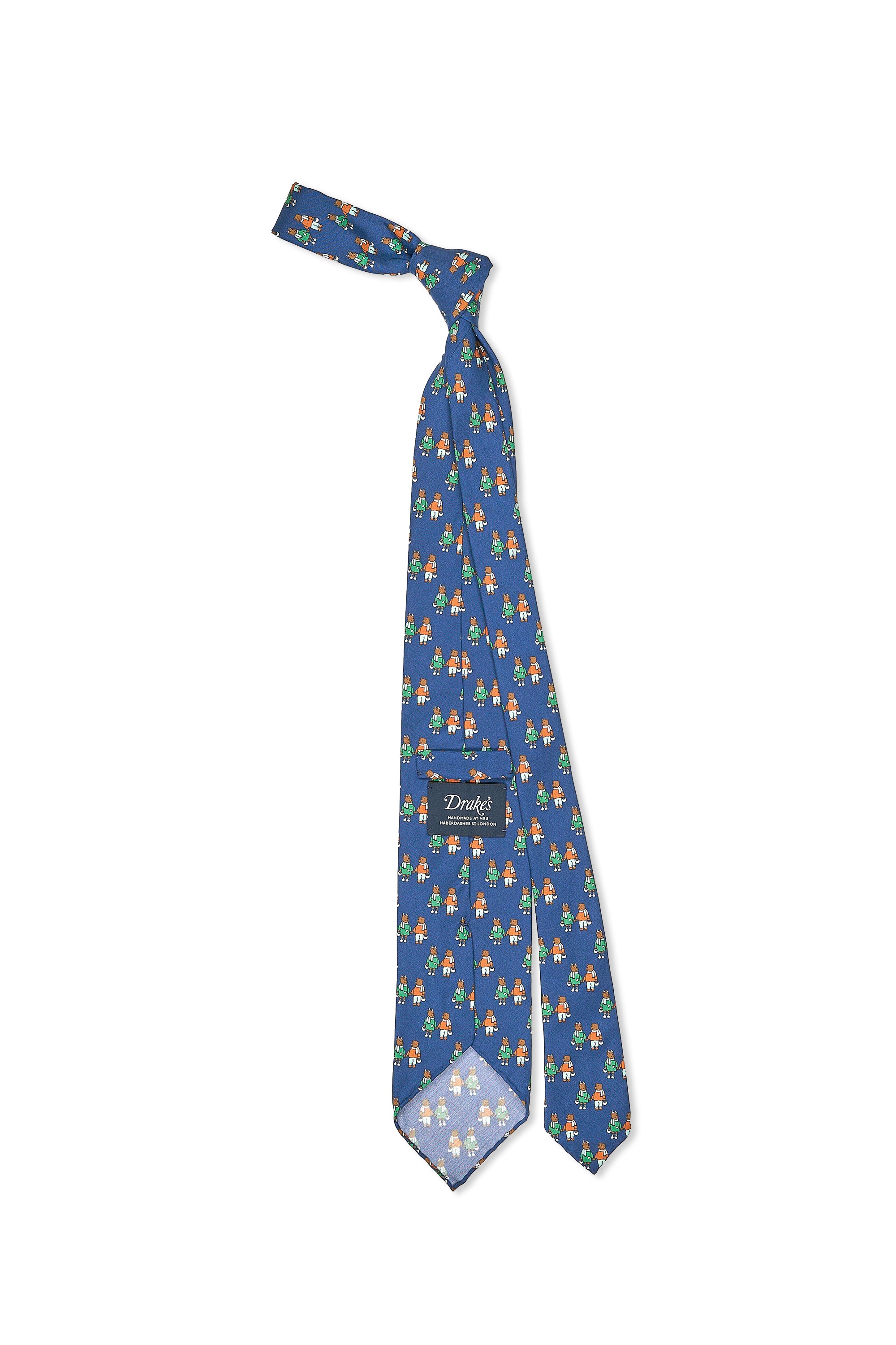 Drake's Blue with Green/Orange Bear Pattern Silk Tie