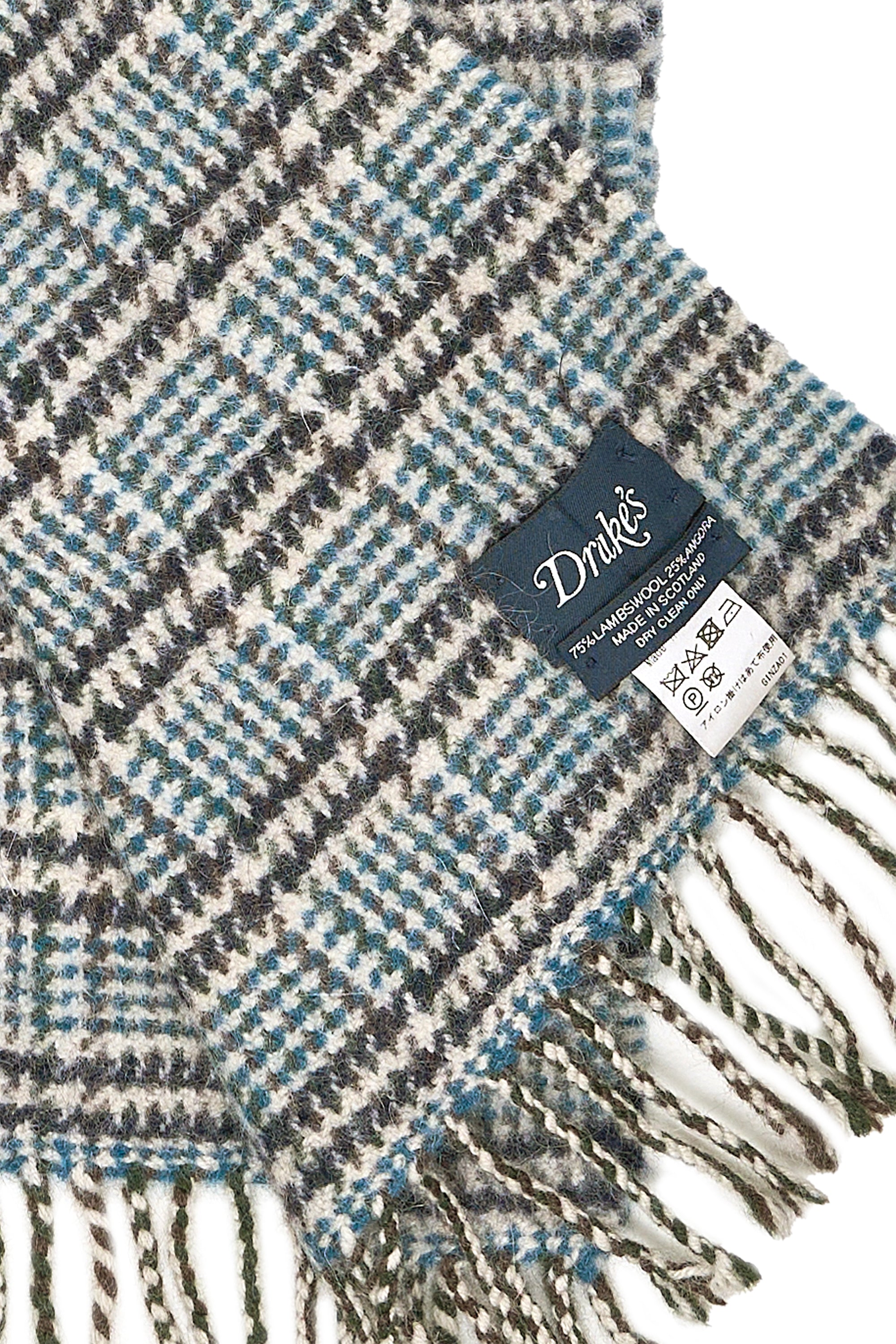 Drake's Blue Green Lambswool/Angora Check Scarf