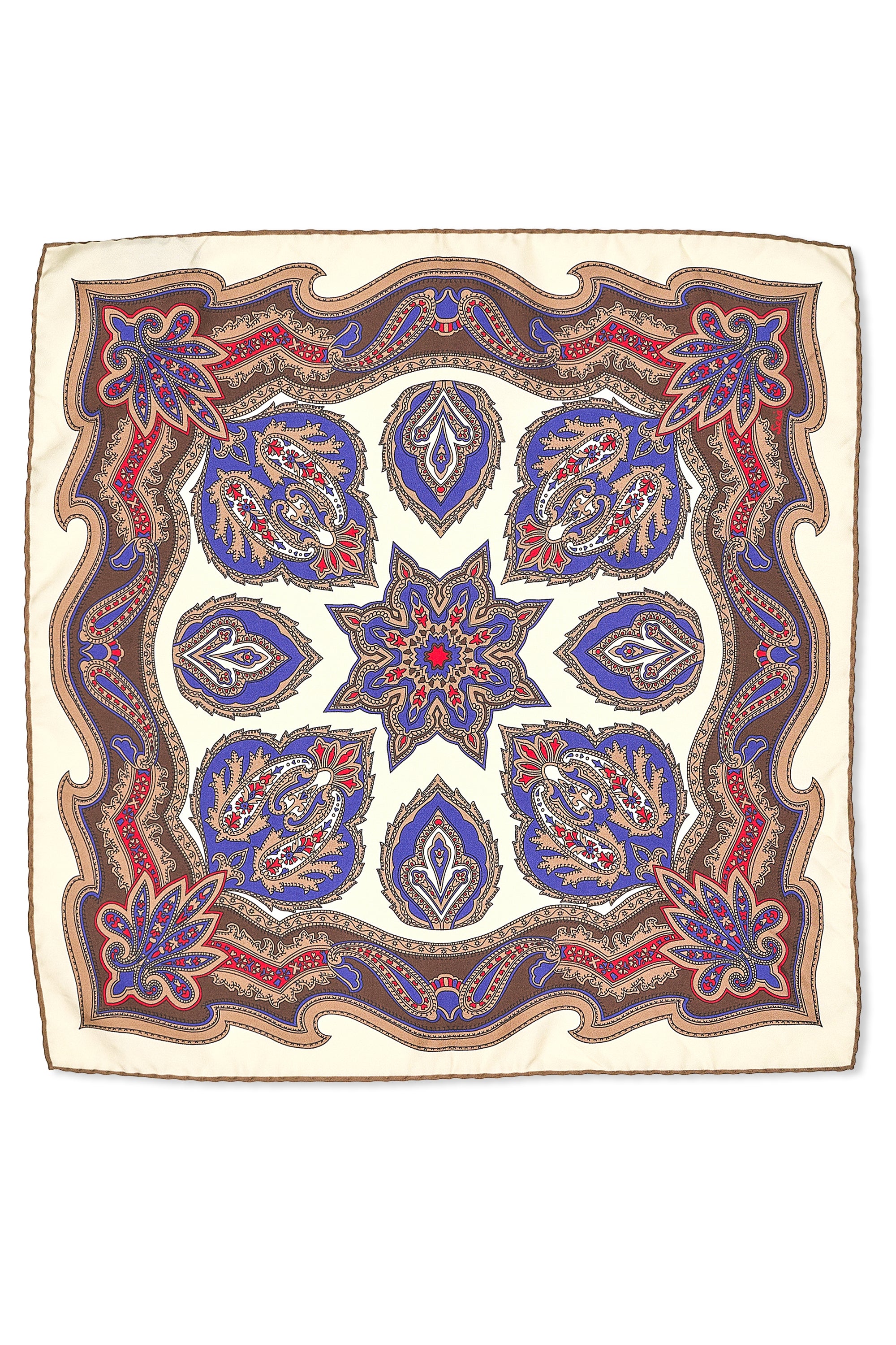 Sera Fine Silk Cream with Blue/Red/Brown Pattern Silk Pocket Square