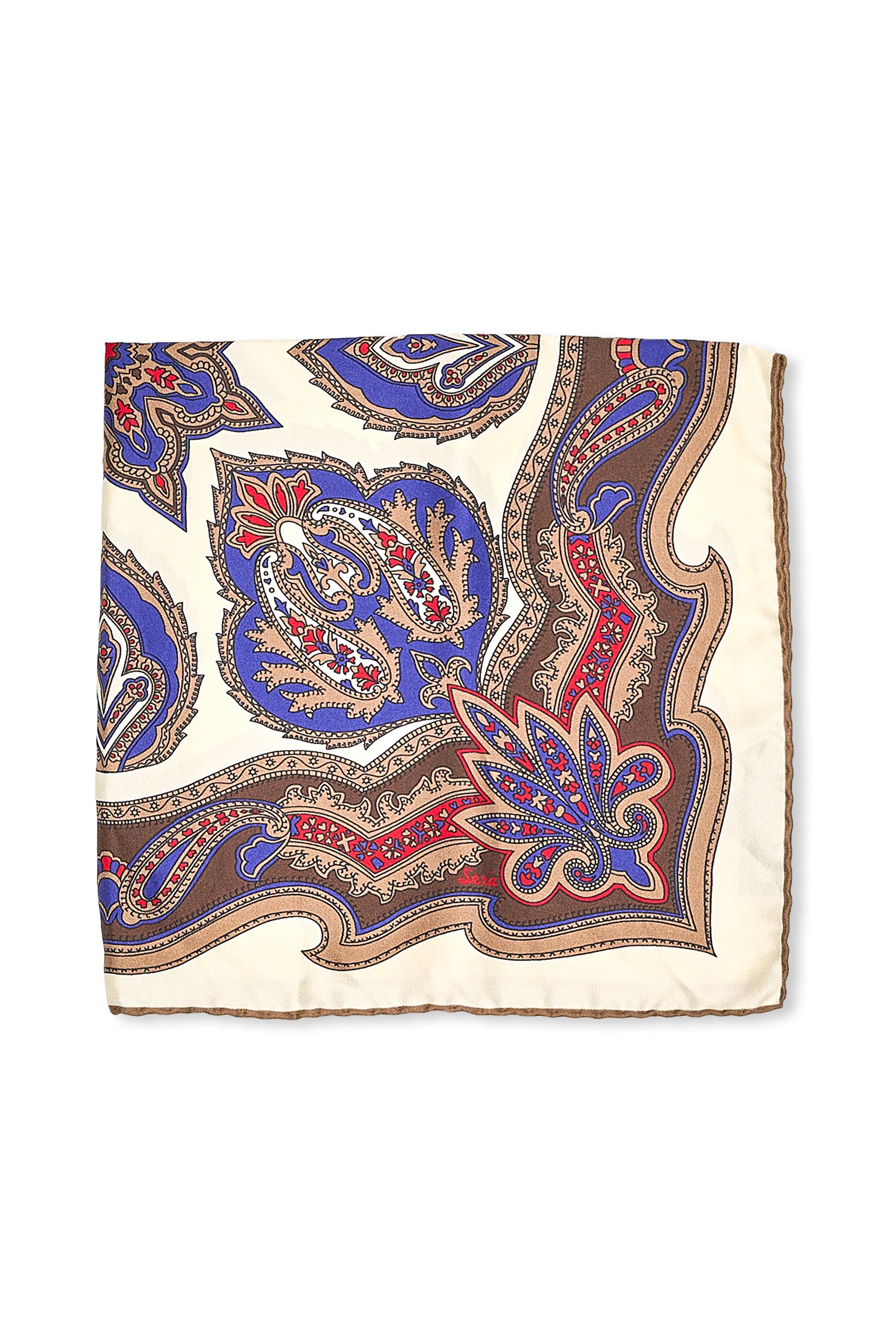 Sera Fine Silk Cream with Blue/Red/Brown Pattern Silk Pocket Square